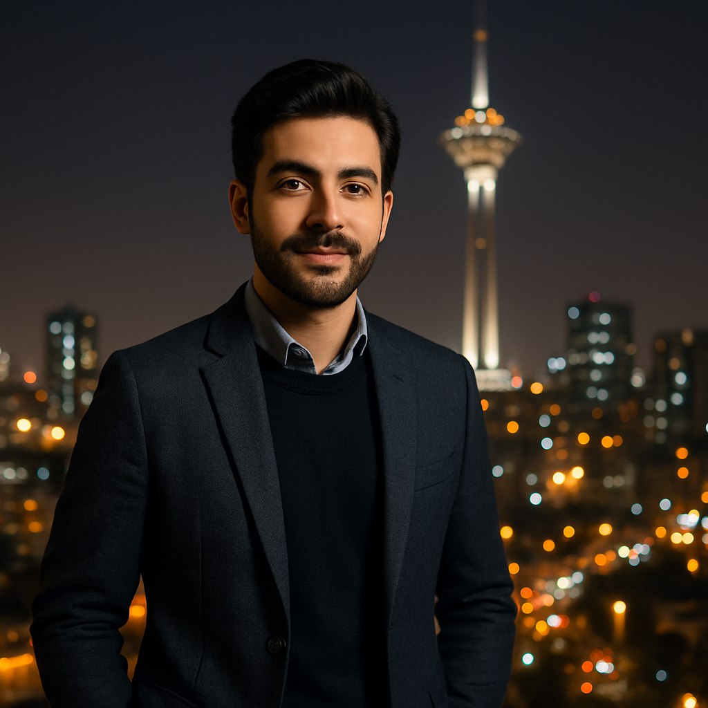 عکسی از یک فرد ایرانی طراحی کن که در مقابل یک منظره شهری مدرن مثل برج میلاد ایستاده است. لباس فرد شیک و روزمره باشد و نور شهر در پس‌زمینه، حس پویایی و پیشرفت را منتقل کند.