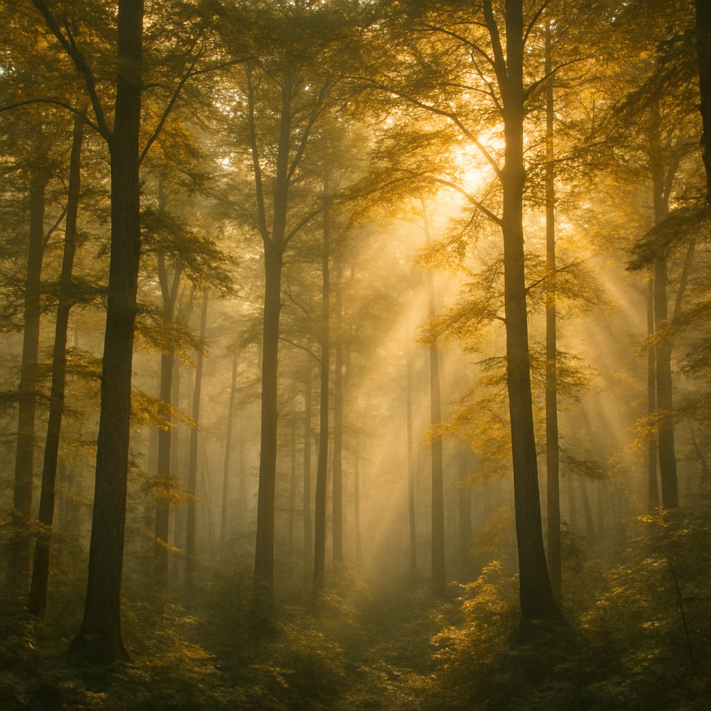نمایی از جنگل‌های هیرکانی با درختان بلند و انبوه، مه نرم صبحگاهی که از میان شاخه‌ها عبور می‌کند و نور طلایی خورشید که برگ‌ها را به رنگ طلایی درمی‌آورد.