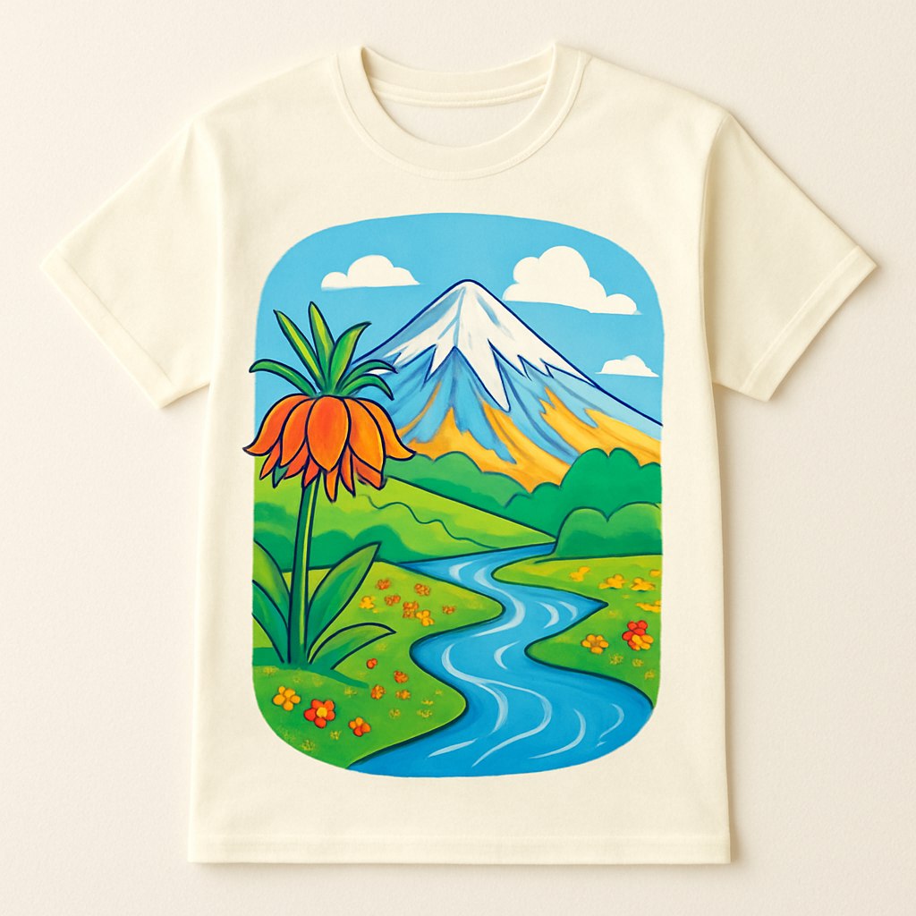 یک طراحی سرزنده برای تی‌شرت که از طبیعت ایران الهام گرفته باشد. طرح شامل کوه دماوند، گل لاله واژگون، و رودخانه‌ای زلال باشد که به سبک انیمیشنی و کارتونی روی تی‌شرت نمایش داده شود. رنگ‌ها باید روشن، شاد و متنوع باشند و حس طراوت و نشاط را منتقل کنند.