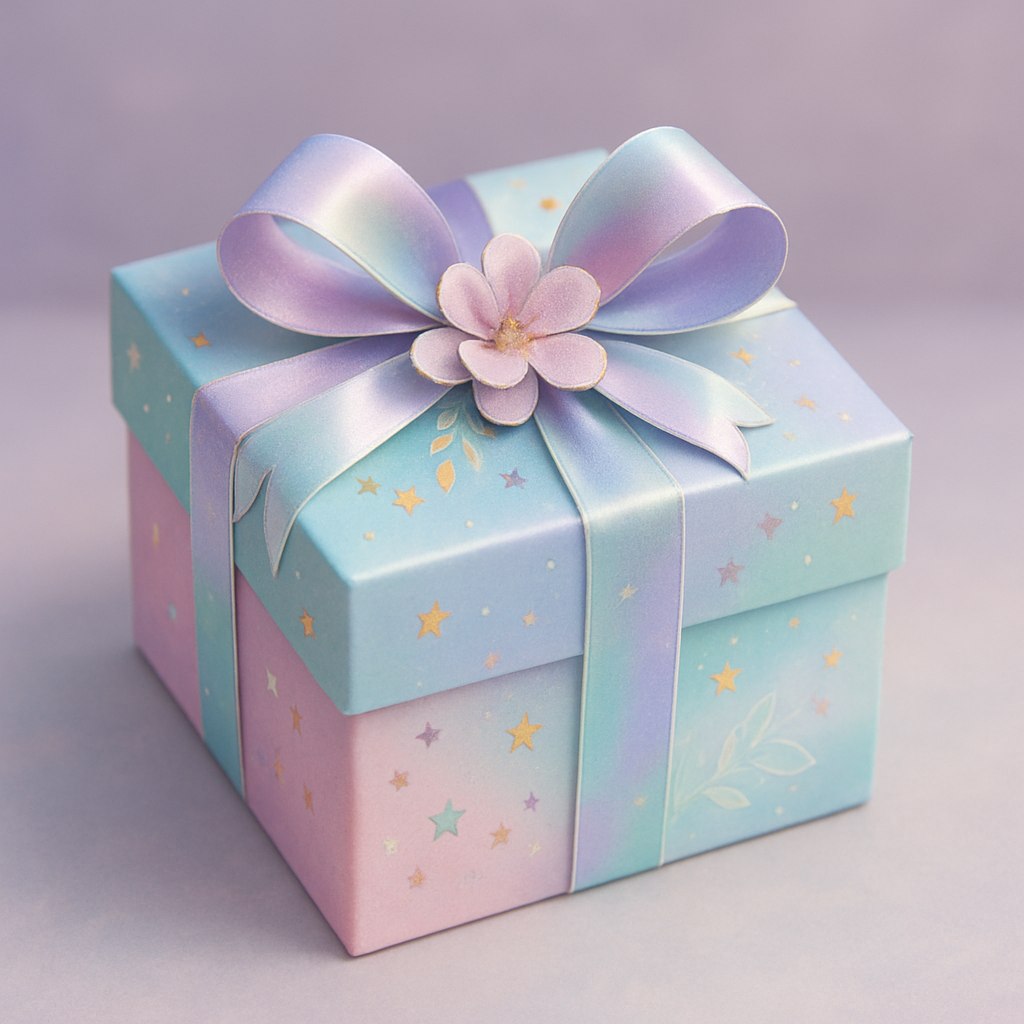تصویری از یک جعبه کادوی فانتزی با طراحی شیک، خلاقانه و زیبا. جعبه باید حالتی خیال‌انگیز و فانتزی داشته باشد، اما همچنان تمیز، متعادل و با سلیقه — بدون شلوغی یا اغراق. از رنگ‌های فانتزی و ترند مانند صورتی پاستلی، بنفش ملایم، سبز نعنایی، آبی آسمانی و کمی طلایی یا نقره‌ای برای جلوه‌ی لوکس استفاده شود. عناصر تزئینی مانند روبان‌های ظریف، ستاره‌های کوچک، طرح‌های گل‌دار یا گرادینت‌های لطیف به‌صورت ملایم در تصویر دیده شوند. طراحی کلی باید مدرن، دل‌نشین و خاص باشد؛ مناسب برای فروشگاه‌های کادو و بوتیک‌های لوکس. پس‌زمینه تصویر باید ملایم یا محو باشد تا تمرکز روی جعبه هدیه باقی بماند، بدون هیچ متن. کیفیت عکس به عنوان یک جعبه واقعی باشد