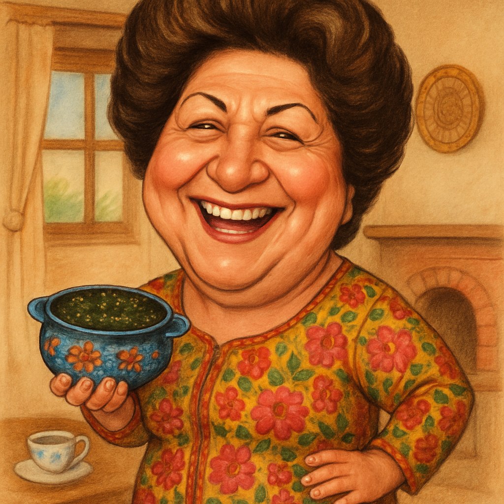 > یک کاریکاتور شاد و دوست‌داشتنی از مریم امیرجلالی طراحی کن. او را با لبخند دلنشین و چهره‌ی پرانرژی‌اش به تصویر بکش. موهای او را با استایلی شیک و حجیم نشان بده، و او در حال پوشیدن یک لباس زیبا با طرح گل‌های ایرانی باشد. دستش یک چای‌خوری سنتی یا یک قابلمه کوچک پر از خورشت قورمه‌سبزی باشد که اشاره‌ای به نقش‌های گرم و خانمانه‌اش در تلویزیون داشته باشد. فضای اطراف شامل المان‌های خانه‌ای سنتی و صمیمی باشد. سبک کاریکاتور باید حس شادی، گرما و صمیمیت او را به خوبی منعکس کند. ☕🌺🏡