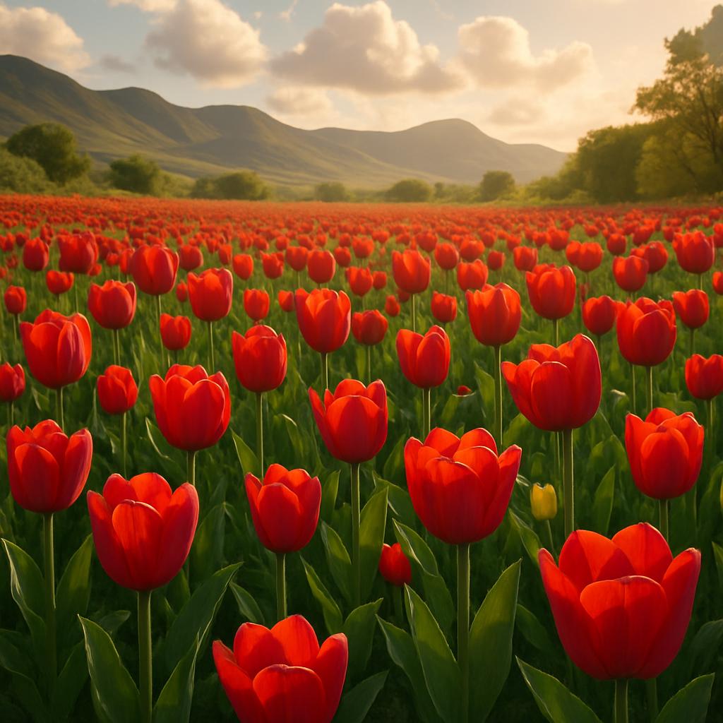 یک دشت وسیع از لاله‌های قرمز و زرد، در نور طلایی اواخر عصر، که به سمت تپه‌های سبز و کوه‌های دوردست کشیده شده است. آسمان با ابرهای نرم و گرم پوشیده شده و ترکیب زیبایی از رنگ‌ها و طبیعت را به تصویر می‌کشد.