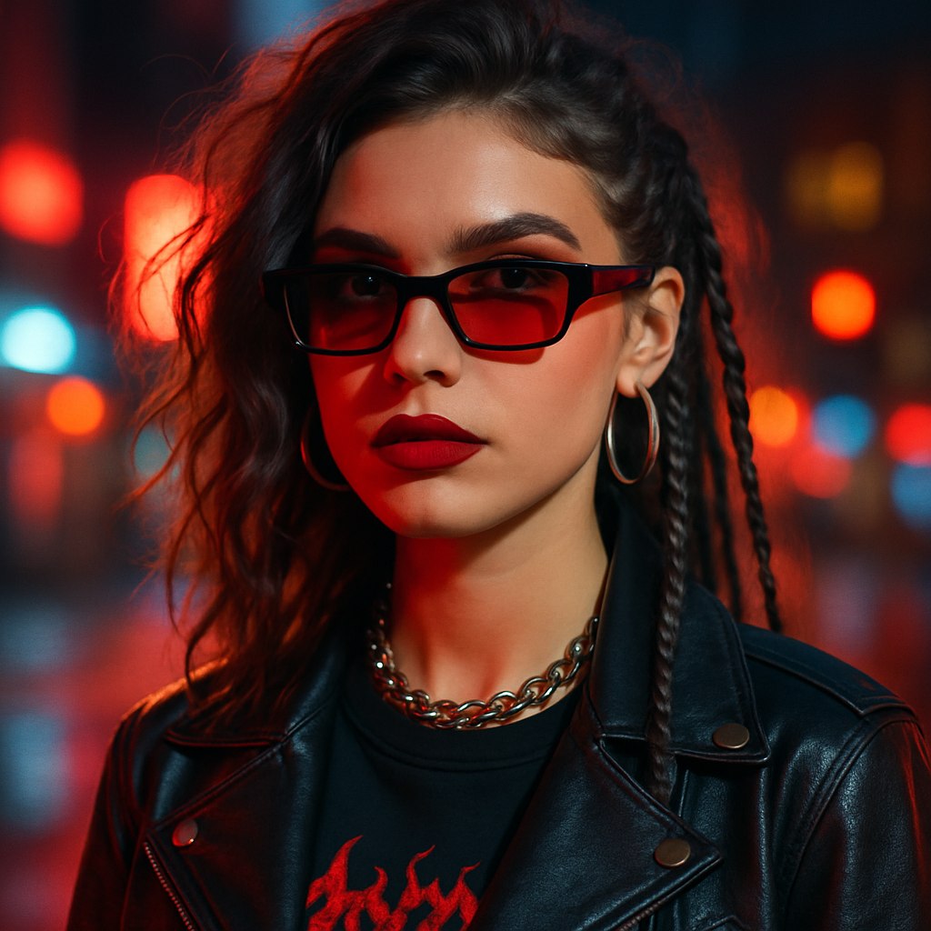 یک عکس پروفایل دخترانه خفن، دختر جوان با چهره‌ای جذاب و مرموز، آرایش قوی و برجسته (چشم‌های اسموکی، رژ لب تیره یا قرمز)، موهای مدل‌دار و خاص (باز و نامرتب به سبک موج‌دار یا بافته‌های خلاقانه). پوششی با استایل مدرن و جذاب، مانند کت چرم، تی‌شرت گرافیکی، یا یک لباس خاص خیابانی. جزئیاتی مانند گوشواره‌های بزرگ، عینک آفتابی خاص، یا گردنبند با طراحی منحصربه‌فرد. پس‌زمینه با نور نئون یا محیط شهری شبانه با چراغ‌های رنگی، یا فضای داخلی استودیویی با نورپردازی جذاب. نورپردازی با کنتراست بالا و سایه‌های قوی برای ایجاد حالتی خاص و تاثیرگذار. سبک عکس حرفه‌ای با حس و حال یک پوستر سینمایی یا کلیپ موزیک.