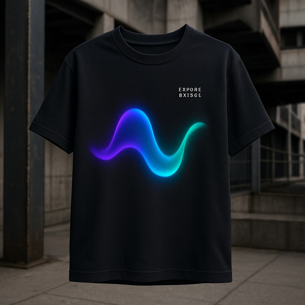 تصویری از یک تی‌شرت پسرانه شیک و جوان‌پسند: تی‌شرتی با زمینه مشکی مات و طراحی یک گرافیک مینیمال اما خلاقانه در مرکز، مثل یک موج انتزاعی نئونی در طیف رنگ‌های آبی، بنفش و سبز. جنس پارچه نرم و باکیفیت، با جزئیات دوخت حرفه‌ای روی یقه و آستین‌ها. برش تی‌شرت به سبک مدرن، کمی اورسایز برای استایل خیابانی. نوشته‌ای کوچک و انگیزشی مانند 'Explore Beyond' در قسمت بالا سمت راست با فونتی مینیمال. در پس‌زمینه، محیطی صنعتی و شهری برای برجسته کردن استایل مدرن و انرژی‌زای تی‌شرت.