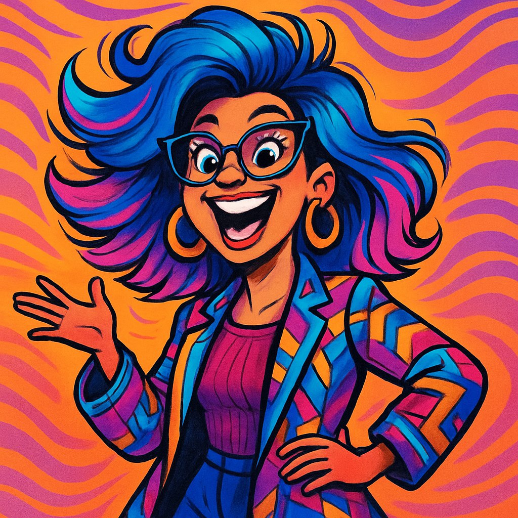 کاریکاتور یک زن با حالتی شاد و هیجان‌انگیز. چهره‌ای با لبخند بزرگ، چشم‌های درشت و براق پر از شور و هیجان. موهایی پرپشت و مواج که در حال حرکت هستند، رنگ مو ترکیبی از آبی و صورتی نئونی. لباس مد روز با جزئیات اغراق‌شده مانند یک ژاکت بلند با الگوهای هندسی رنگارنگ. پس‌زمینه پرانرژی با خطوط موج‌دار و رنگ‌های گرادینت نارنجی و بنفش. حالات چهره و بدن او به گونه‌ای طراحی شده که حس قدرت، اعتمادبه‌نفس و نشاط را منتقل کند. جزئیات ظریفی مانند گوشواره‌های بزرگ و عینک دودی با شیشه‌های رنگی نیز اضافه شود. سبک کلی کارتونی، پر از رنگ و پرتحرک.