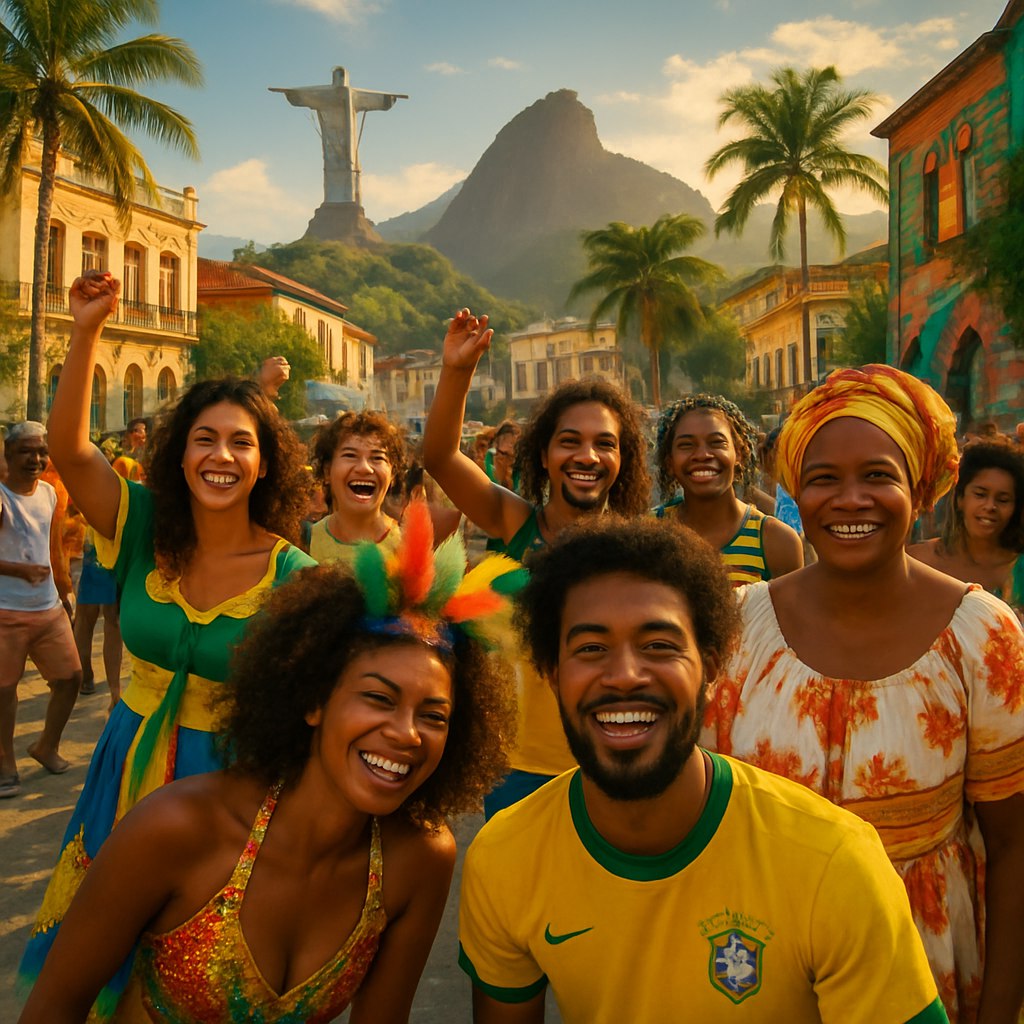 صحنه‌ای زنده و غنی از نظر فرهنگی از مردم برزیل در یک فضای عمومی پرنشاط، که نشان‌دهنده تنوع نژادی، صمیمیت و انرژی مردم برزیل باشد. تصویر شامل افرادی با قومیت‌های مختلف، چهره‌های صمیمی، و پوشش‌های رنگارنگ برگرفته از فرهنگ برزیلی است — مانند لباس‌های الهام‌گرفته از کارناوال، پیراهن‌های فوتبال، یا لباس‌های سنتی محلی. در پس‌زمینه، عناصری نمادین از برزیل دیده شود، مانند معماری استعماری، درختان گرمسیری، نقاشی‌های خیابانی، و نمایی از کوه‌های ریو دو ژانیرو یا مجسمه مسیح نجات‌دهنده. نور طبیعی، ترجیحاً در ساعت طلایی روز، با رنگ‌بندی سینمایی. تصویر باید شادی، روحیه اجتماعی و افتخار ملی را القا کند، در حالی که زیبایی بصری و ریشه‌های فرهنگی عمیق برزیل را نیز نمایش می‌دهد.