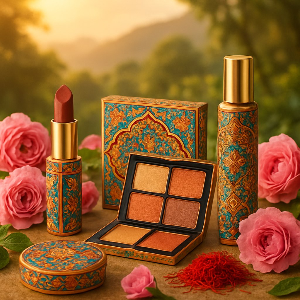 مجموعه‌ای از لوازم آرایشی در بسته‌بندی‌های الهام‌گرفته از هنر ایرانی با نقوش اسلیمی و رنگ‌های گرم، قرار گرفته در کنار گل‌های محمدی و زعفران. در پس‌زمینه، نور طلایی و آرامش‌بخش به همراه سایه‌های طبیعت ایران مثل کوه‌ها یا باغ‌های سرسبز دیده می‌شود.