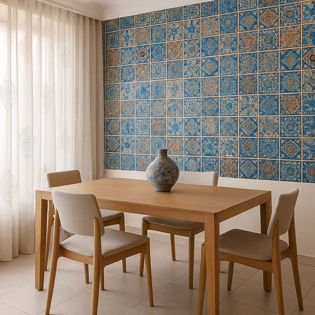 اتاق غذاخوری ایرانی مدرن با میز چوبی ساده و صندلی‌های مینیمال، پرده‌های سبک حریر با نقش‌های اسلیمی ظریف و دیوار تزیین‌شده با کاشی‌های معاصر الهام‌گرفته از هنر کاشی‌کاری سنتی ایران.