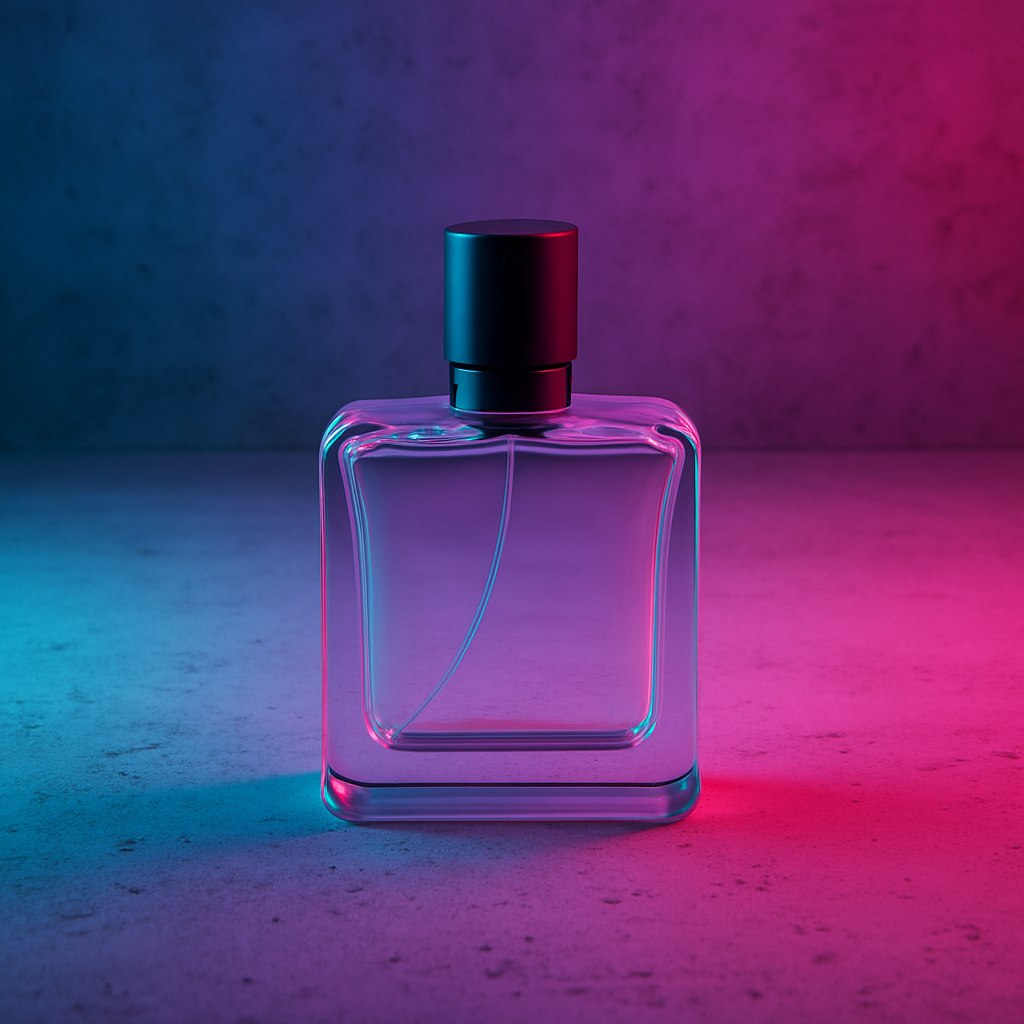 بطری عطر با طراحی مینیمالیستی در وسط یک سطح بتنی قرار دارد، با نور نئونی آبی و صورتی که به آن می‌تابد.