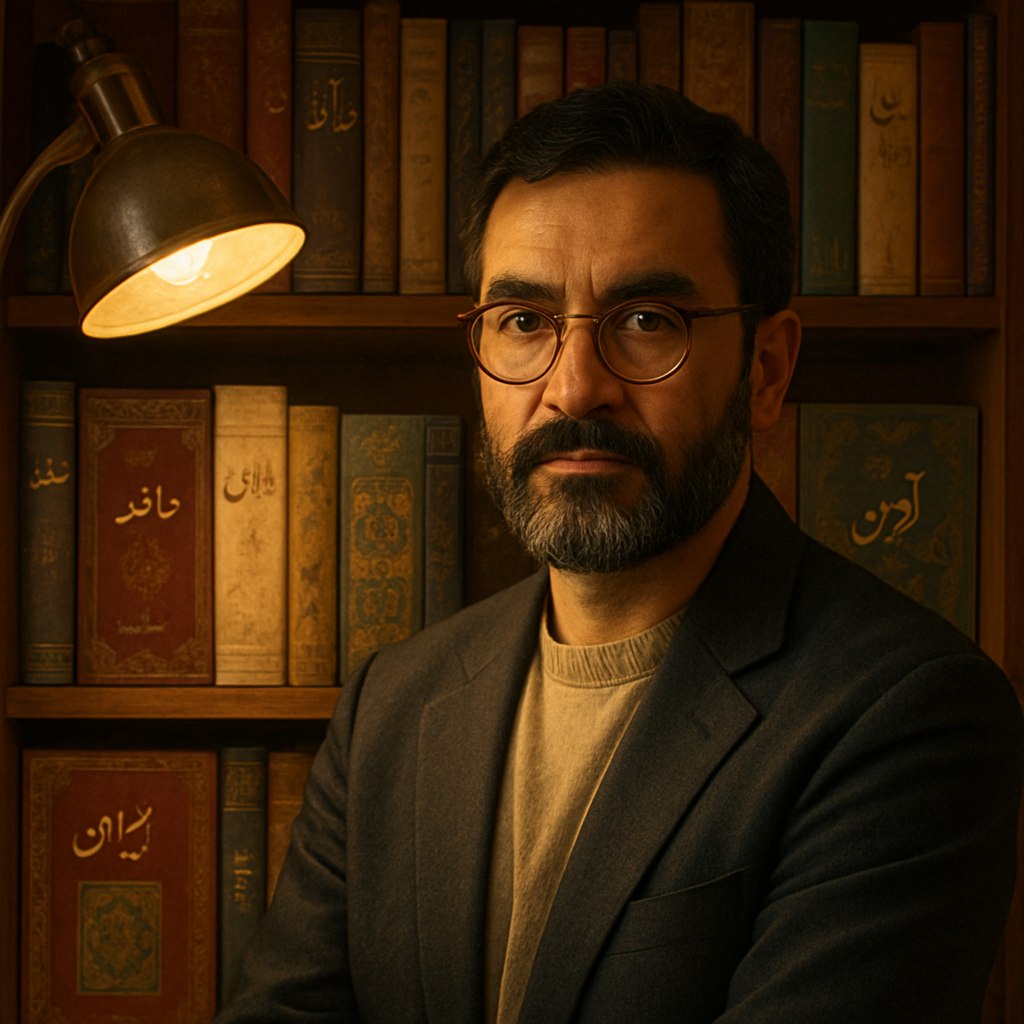 تصویری از یک فرد ایرانی طراحی کن که در مقابل یک قفسه کتاب ایستاده است. کتاب‌ها شامل اشعار فارسی و آثار هنری باشند. نور گرم از چراغ مطالعه روی چهره فرد بتابد و حس دانش، هنر و اصالت را منتقل کند.