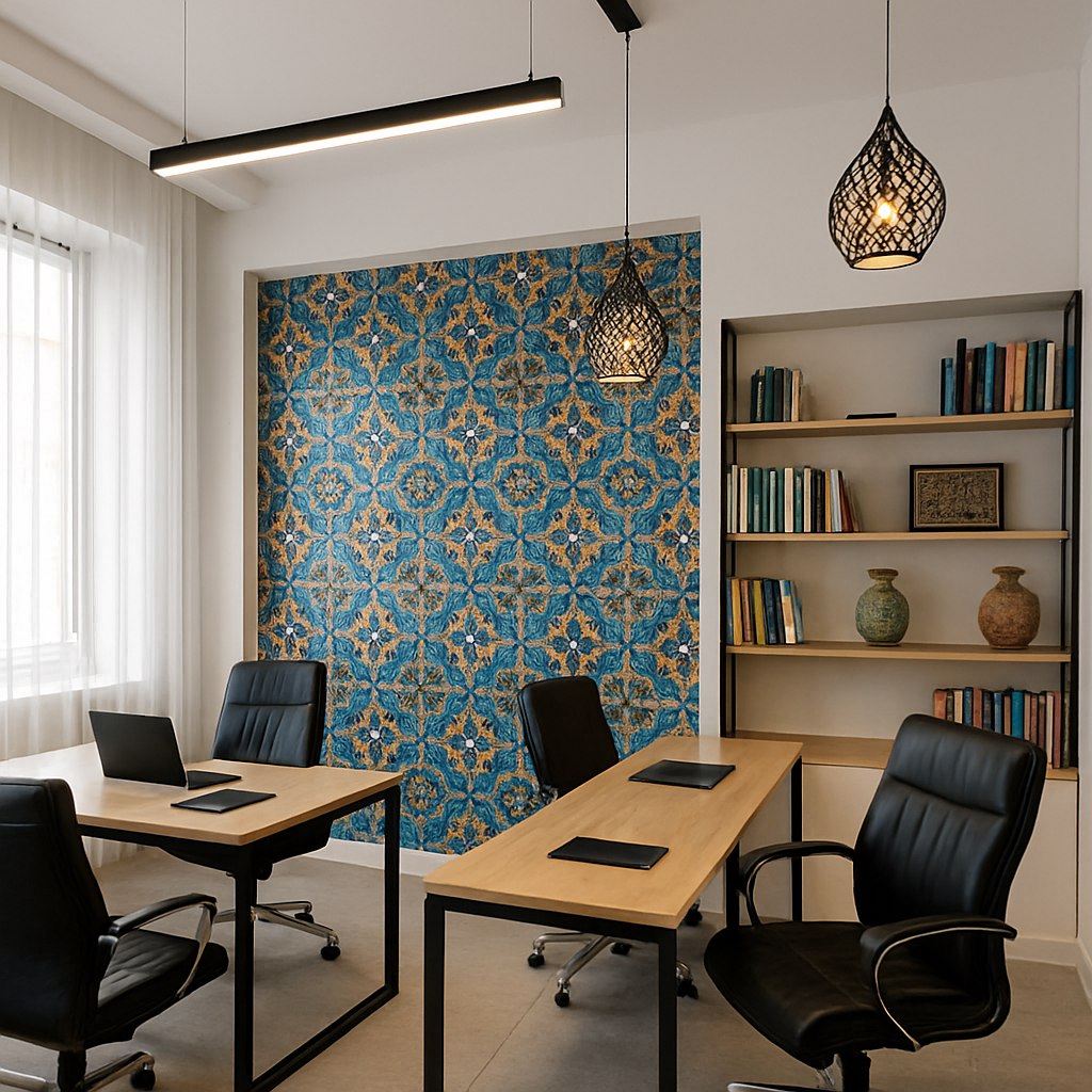 دفتر کار مدرن با دیوارهای سفید و یک دیوار تاکید با کاشی‌های هفت‌رنگ ایرانی به سبک معاصر، میزهای فلزی با صفحه چوبی روشن و صندلی‌های چرمی مشکی. قفسه‌های باز با کتاب‌ها و تزئینات هنری ایرانی مثل سفالینه‌های سنتی و تابلوهای مینیاتور. پنجره‌های بزرگ با پرده‌های سبک و شفاف که نور طبیعی فراوان وارد فضا می‌کند. نورپردازی خطی و آویزهای مدرن با طراحی برگرفته از الگوهای اسلیمی و هندسی ایرانی. محیطی مدرن، حرفه‌ای و فرهنگی.