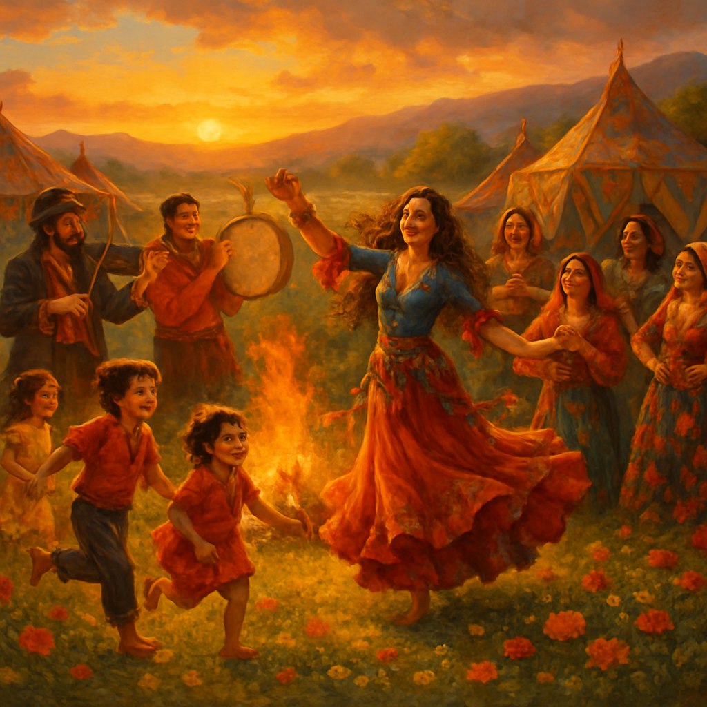 یک صحنه زنده و پویا از اجتماع کولی‌ها در حال جشن و موسیقی در یک دشت زیبا، با چادرهای تزئین‌شده با طرح‌های سنتی در پس‌زمینه. مردان و زنان در لباس‌های رنگارنگ و پرزرق‌وبرق، در حال رقص و نواختن آلات موسیقی سنتی مانند ویولن و دف هستند. کودکان در حال دویدن و بازی در میان گل‌های وحشی‌اند، و یک آتش کوچک در مرکز جمعیت روشن است. نور طلایی غروب، فضا را گرم و شاعرانه کرده، و حس صمیمیت و انرژی فرهنگ کولی را به تصویر می‌کشد.