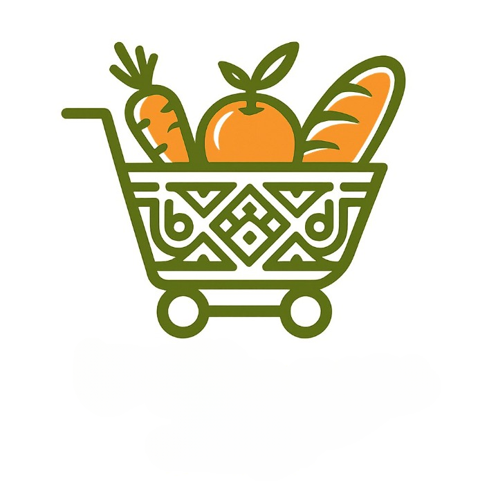 یک لوگوی مدرن و خلاقانه برای سوپرمارکت ایرانی که ترکیبی از یک سبد خرید با نمادهای غذایی مانند میوه‌ها، نان و سبزیجات به همراه خطوط مینیمال و نقوش الهام‌گرفته از هنر ایرانی باشد. طراحی باید حس تازگی، کیفیت و اصالت را القا کند. رنگ‌بندی شامل سبز زیتونی، نارنجی گرم و سفید برای نمایش طراوت و صمیمیت استفاده شود.