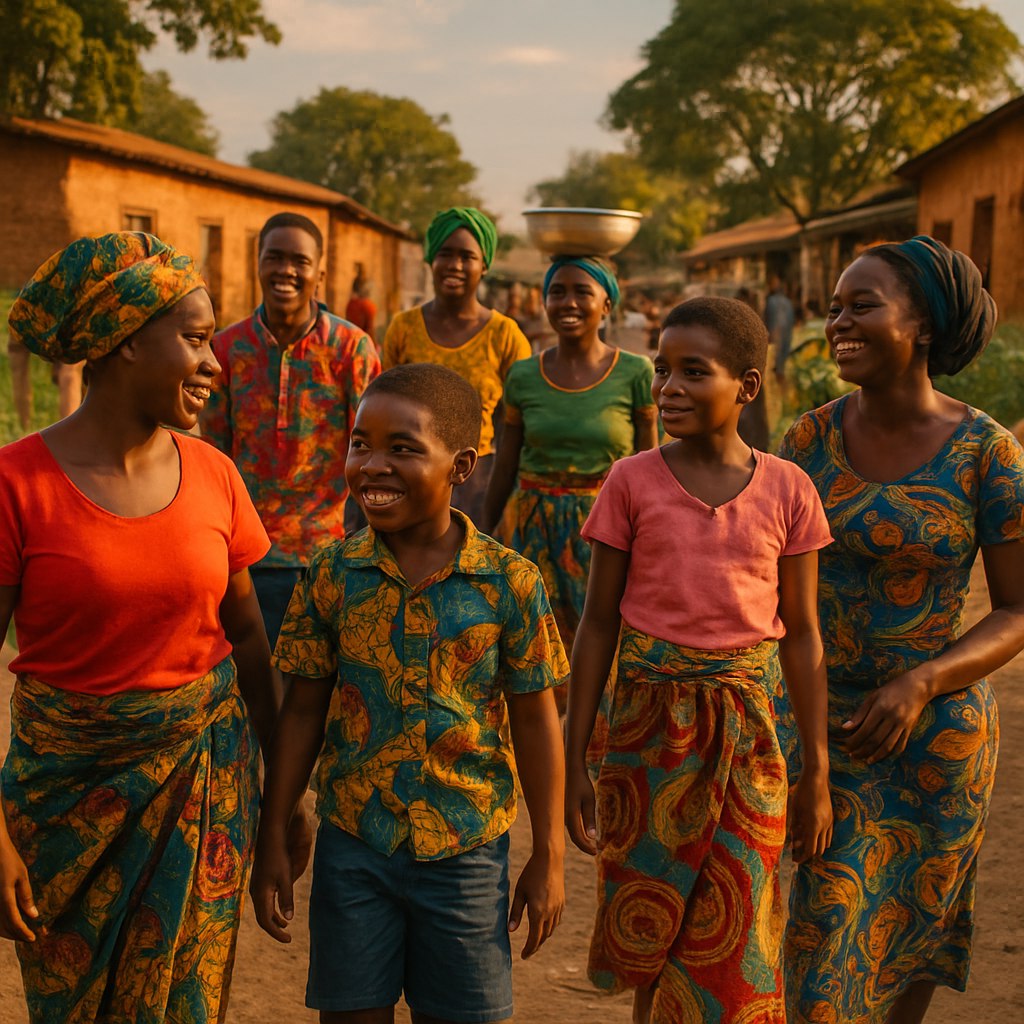 صحنه‌ای پر جنب‌وجوش و چشم‌نواز از مردم زامبیا در زندگی روزمره — شامل مردان، زنان و کودکان با لباس‌های سنتی و مدرن زامبیایی با طرح‌ها و بافت‌های رنگارنگ و زنده. در پس‌زمینه‌ای از یک روستای محلی یا شهر لوساکا، با نور طبیعی گرم، حالت‌های چهره شاد و سرشار از اصالت فرهنگی. تصویر باید هویت زامبیایی را جشن بگیرد — نمایش‌دهنده حس اجتماع، روحیه، و ارتباط با طبیعت. با جزئیات بالا، سبک مستند هنری، قاب‌بندی سینمایی و حس‌وحال مشابه تصاویر مجله National Geographic