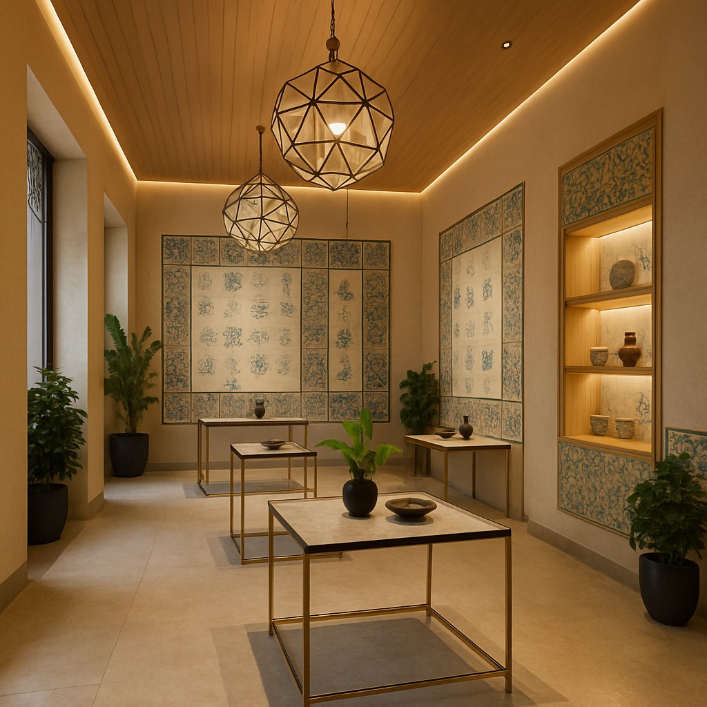 طراحی داخلی یک مغازه مدرن ایرانی که ترکیبی از اصالت و نوگرایی را به نمایش می‌گذارد. استفاده از چوب روشن، نورپردازی گرم و سقف‌های بلند برای ایجاد فضایی دعوت‌کننده. دیوارها با کاشی‌های سنتی ایرانی با طرح‌های مینیمال و مدرن تزئین شده‌اند. میزهای نمایش با خطوط ساده و شیشه‌ای، با پایه‌های فلزی طلایی یا مشکی، جایگاه محصولات خاص هستند. کفپوش از سنگ طبیعی یا بتن صیقل‌خورده است. نورپردازی شامل لوسترهای مدرن با الهام از طرح‌های هندسی ایرانی و چراغ‌های مخفی در کناره‌ها. استفاده از گیاهان آپارتمانی برای افزودن حس طراوت. حس کلی فضا ترکیبی از لوکس بودن و حس مهمان‌نوازی ایرانی را تداعی می‌کند