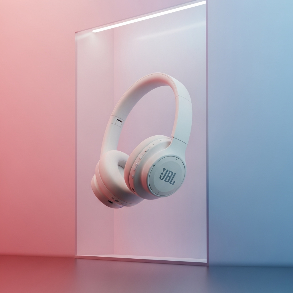 رندر سه بعدی از یک هدفون بلوتوثی جی بی ال مدل Tune 770 NC بی‌سیم با طراحی مینیمال و رنگ سفید مات روی پس‌زمینه گرادیانت در یک محیط مینیمال در مغازه ی فروشگاه ابزار های دیجیتال