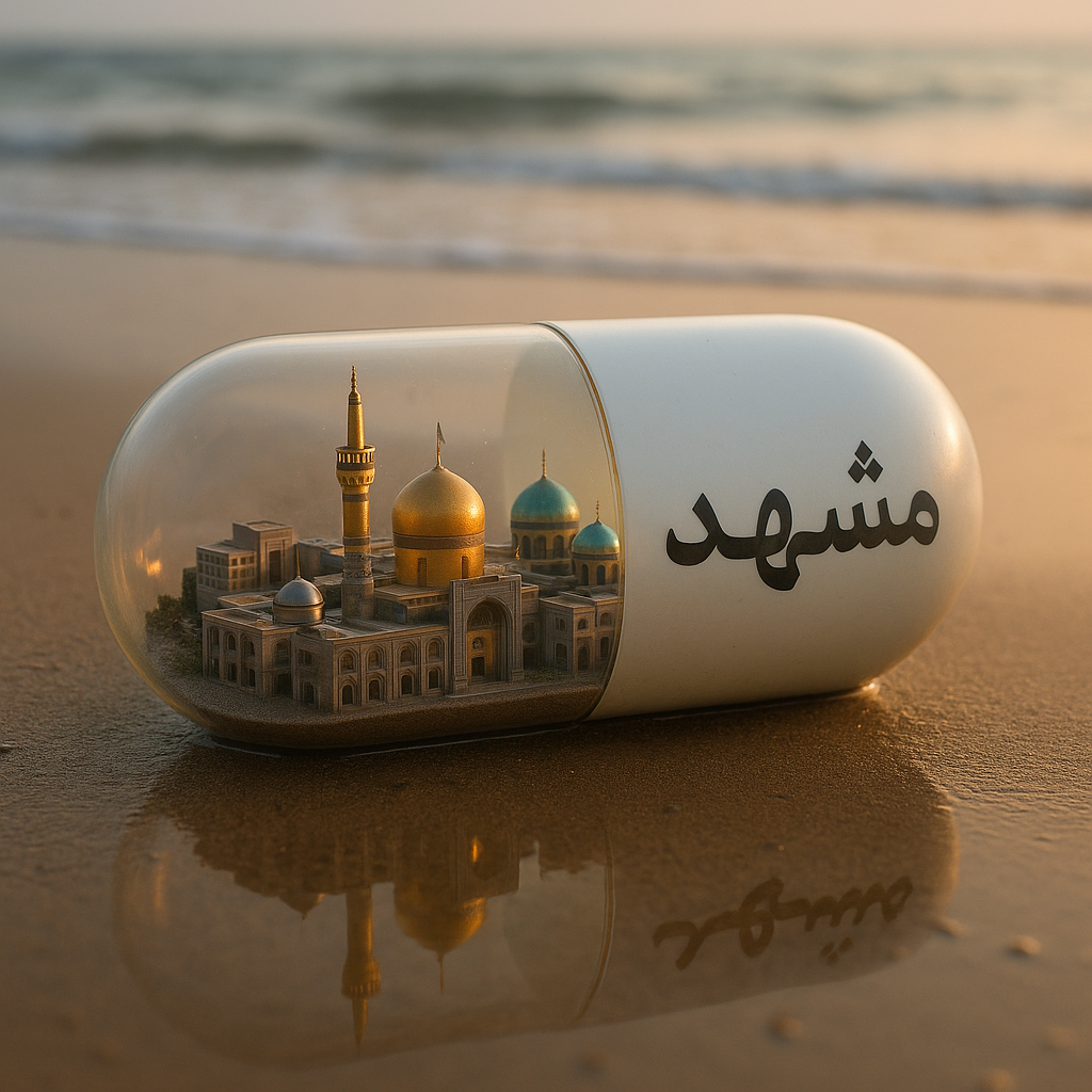 یک صحنه واقع‌گرایانه از یک شهر مینیاتوری محصور شده در داخل یک کپسول قرص شفاف، که در یک ساحل شنی قرار گرفته است، ایجاد کنید. کپسول باید نام شهر (مثلاً «[مشهد]») را با فونت تمیز و پررنگ روی آن چاپ کند. در داخل کپسول، نسخه‌های مینیاتوری و دقیقی از مکان‌های دیدنی و معماری نمادین شهر، مانند ساختمان‌های معروف، بناهای تاریخی یا مناظر طبیعی، قرار دهید. کپسول باید با نورپردازی ملایم و سینمایی روشن شود که منظره شهر را بهبود می‌بخشد. پس‌زمینه باید یک ساحل آرام با امواج نرم را نشان دهد و انعکاس کپسول روی شن‌های مرطوب باید به وضوح قابل مشاهده باشد و فضایی رویایی و تخیلی ایجاد کند.