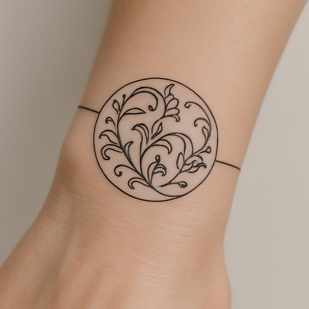 طراحی یک تتو مینیمال که از نقوش اسلیمی ایرانی الهام گرفته شده باشد. خطوط ظریف و منحنی‌های ساده که به شکل یک دایره کوچک یا دستبند دور مچ دست طراحی شوند. طرح باید حس ظرافت و ارتباط با فرهنگ ایرانی را القا کند.