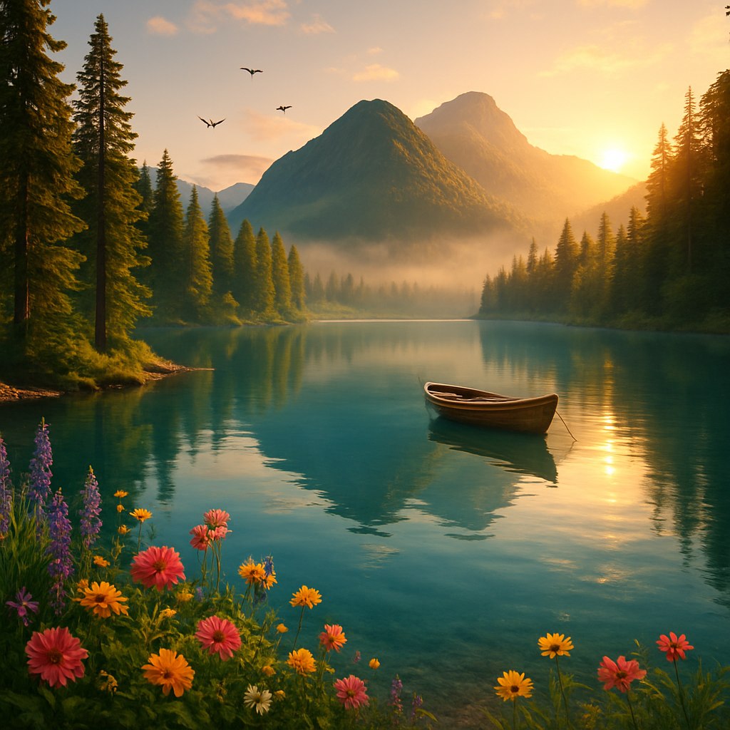 تصویری زیبا و دلنشین از طبیعت برای پروفایل: یک منظره آرامش‌بخش از یک دریاچه آبی شفاف با انعکاس کوه‌های سرسبز و آسمان آبی در سطح آن. در اطراف دریاچه، درختان بلند و گل‌های رنگارنگ وحشی که در باد ملایم تکان می‌خورند. نور طلایی خورشید در حال غروب که به آرامی سطح آب و محیط را روشن می‌کند، همراه با مه نرم در پس‌زمینه کوه‌ها برای ایجاد حس رویایی. یک قایق کوچک چوبی به آرامی روی آب شناور است و در کنار آن، چند پرنده در حال پرواز در آسمان دیده می‌شوند.