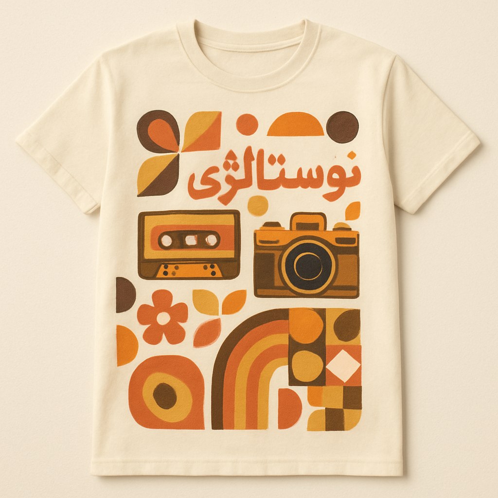 طراحی تی‌شرت با الهام از استایل نوستالژیک دهه‌های 60 و 70 ایران. استفاده از طرح‌های هندسی، رنگ‌های گرم و ملایم مثل نارنجی و قهوه‌ای، و المان‌هایی مثل کاست‌های موسیقی یا دوربین عکاسی قدیمی. طراحی باید حس نوستالژی و مدرنیته را ترکیب کند.