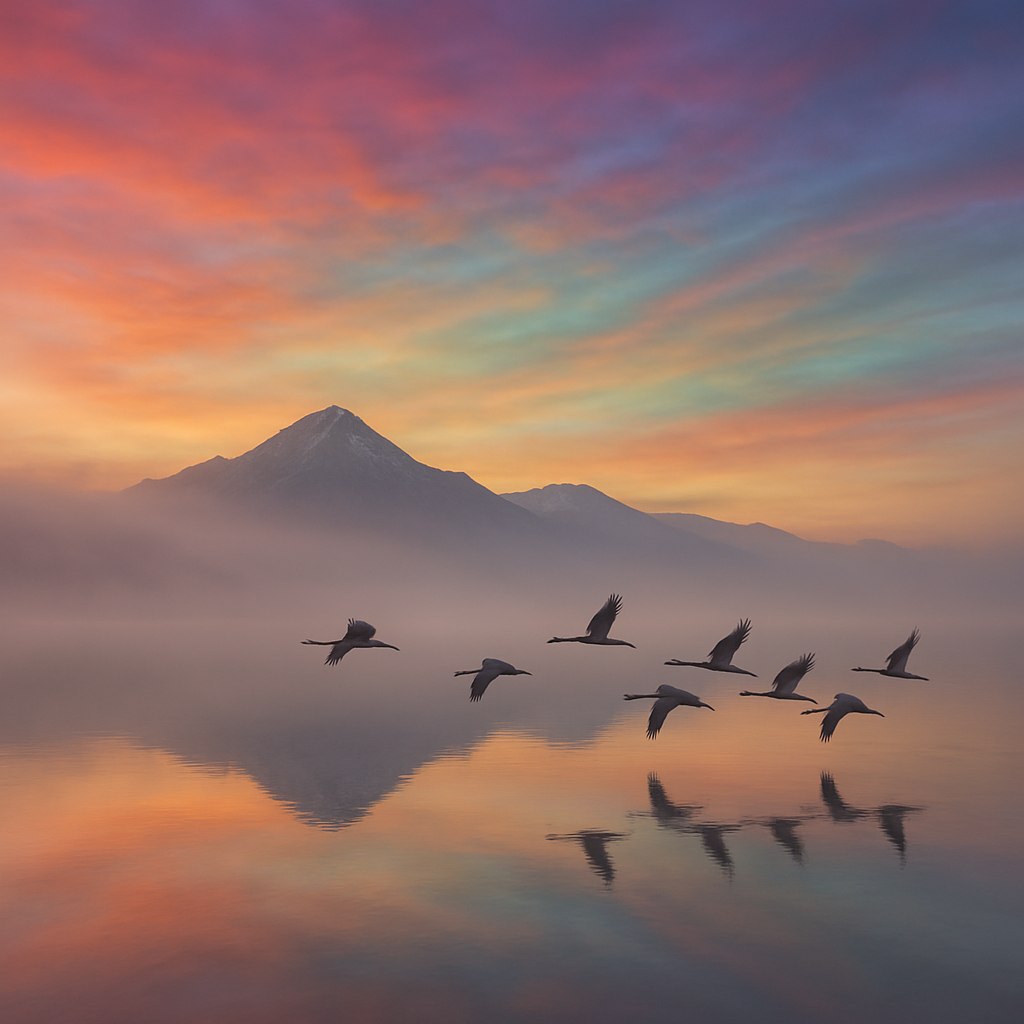 دریاچه‌ی مه‌آلود ارومیه در سپیده‌دم، با انعکاس کوه‌ها و آسمان رنگین‌کمانی در آب، و پرندگان مهاجر که در حال پرواز آرام روی سطح آب هستند.