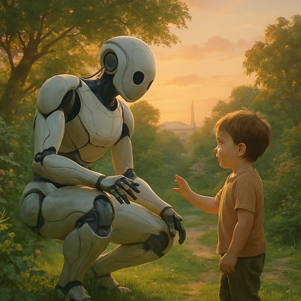 یک ربات انسان‌نما در حال تعامل با یک کودک در باغی سرسبز، با نور ملایم غروب که حس آرامش را القا می‌کند. ربات دارای طراحی ارگانیک و نرم است و کودک با کنجکاوی به او نزدیک می‌شود. محیط ترکیبی از فناوری و طبیعت باشد که نشان‌دهنده هماهنگی بین انسان و ماشین است.