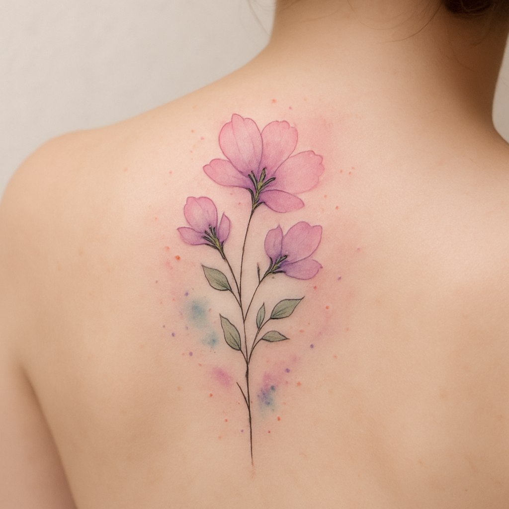 تصویری از یک تتوی دخترانه زیبا و متفاوت: طرحی ظریف از یک شاخه گل با برگ‌های کوچک و گل‌های شکوفا شده در طیف رنگ‌های ملایم مانند صورتی، بنفش و سبز. طراحی سبک مینیمال با خطوط نازک و جزئیات دقیق که حالتی ظریف و هنری به طرح می‌دهد. این تتو در محلی مانند مچ دست، پشت گردن یا روی شانه قرار گرفته است. اطراف طرح، افکت‌های آبرنگی و نقطه‌های ریز به سبک معلق اضافه شده تا حس لطافت و خلاقیت بیشتری به تصویر ببخشد. نورپردازی ملایم و پس‌زمینه‌ای ساده برای برجسته‌سازی زیبایی طرح تتو.