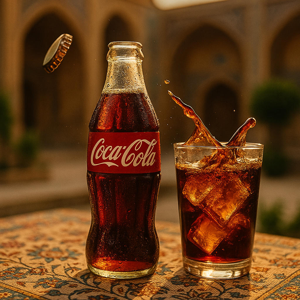 یک عکس تبلیغاتی حرفه‌ای و احساسی از نوشابه کوکاکولا طراحی کن. صحنه شامل یک بطری شیشه‌ای کوکاکولا با قطرات بخار نشسته بر بدنه باشد که روی یک رومیزی سنتی ایرانی با طرح ترمه یا گل‌دار قرار گرفته است. در کنار آن یک لیوان پر از یخ دیده شود که کوکاکولا در حال ریختن داخل آن است، با پاشش‌های طبیعی و حباب‌های گازدار. پس‌زمینه باید حیاط یا معماری سنتی ایرانی باشد (مانند طاق‌های آجری یا ایوانی با نور عصرگاهی). نور محیط گرم و تابستانی باشد، با تأکید بر رنگ‌های طلایی، قرمز و قهوه‌ای کاراملی. لوگوی کوکاکولا باید واضح و در مرکز توجه باشد. حس کلی تصویر باید شادی، طراوت و حس نوستالژیک از تابستان ایرانی را منتقل کند.