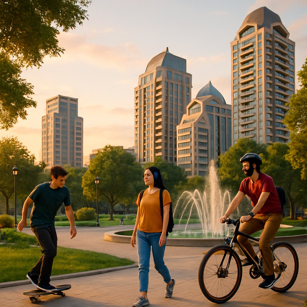 عکسی مدرن از یک پارک شهری در شیراز طراحی کن. جوانان در حال اسکیت‌سواری، دوچرخه‌سواری یا قدم زدن با هدفون باشند. در پس‌زمینه، برج‌های مدرن و معماری جدید شهری دیده شود. فضای پارک سبز با نور ملایم غروب خورشید و فواره‌ای با طراحی مدرن باشد. حس زندگی شهری و انرژی مثبت در کل تصویر جاری باشد.