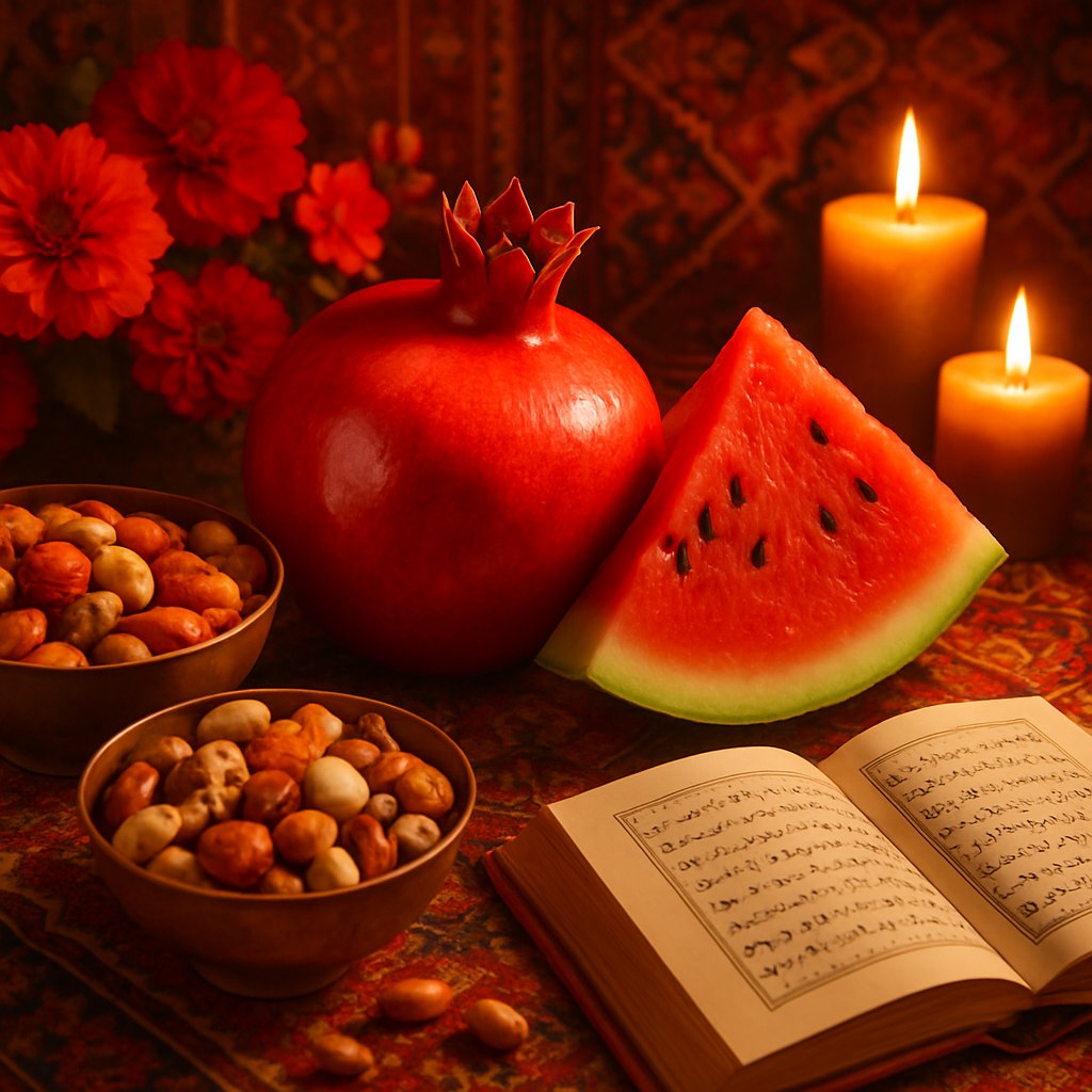 بنر شب یلدای مدرن و فرهنگی، انار قرمز براق و هندوانه تازه در مرکز تصویر، آجیل و خشکبار چیده شده زیبا، شمع‌های روشن و گرم، فرش ایرانی با نقوش سنتی، گل‌های قرمز و نارنجی، کتاب حافظ باز شده، فضای صمیمی و خانوادگی، نورپردازی طلایی و نرم، رنگ‌های قرمز، نارنجی و طلایی، طراحی مدرن با روح سنتی، المان‌های تزئینی ایرانی، جشن طولانی‌ترین شب سال، فرهنگ غنی ایرانی، احساس گرمی و شادی، کیفیت حرفه‌ای و جذاب