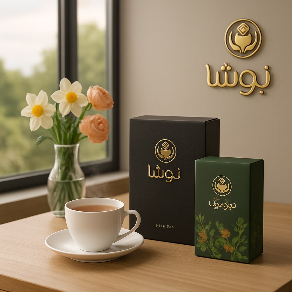 یک تصویر مدرن و مینیمال از یک میز شیک با سطح چوبی در فضایی آرام و نورگیر. محصولات نیوشا شامل جعبه‌های شکیل چای و دمنوش، در کنار یک فنجان چای بخارآلود قرار گرفته‌اند. لوگوی برند نیوشا با طراحی برجسته و طلایی در گوشه تصویر یا روی جعبه‌ها به‌وضوح دیده می‌شود. پس‌زمینه شامل یک پنجره بزرگ با منظره‌ای از طبیعت است، و چند شاخه گل ایرانی مانند نرگس یا رز در یک گلدان شفاف، حس اصالت و زیبایی را القا می‌کند. نورپردازی ملایم و ترکیب رنگ‌های گرم و طبیعی، حس لوکس و دلنشینی را به تصویر اضافه می‌کند.