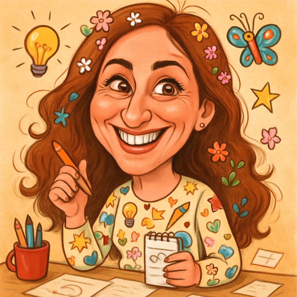 > یک کاریکاتور شاد و دوست‌داشتنی از شقایق دهقان طراحی کن. او را با لبخندی پر از شیطنت و چشم‌هایی براق و پرانرژی نشان بده. موهای بلند و موج‌دار او با گل‌های کوچک رنگارنگ تزئین شده باشد. او در حال پوشیدن لباسی پر از طرح‌های ساده و خلاقانه باشد، همراه با المان‌هایی مثل یک دفترچه یادداشت کوچک یا یک مداد که اشاره به شخصیت‌های نویسنده و خلاقش در سریال‌ها داشته باشد. فضای اطراف شامل یک میز کار با کاغذهای پراکنده و المان‌های کارتونی باشد که حس خلاقیت و شادی را منتقل کند. 🌸✏️📖