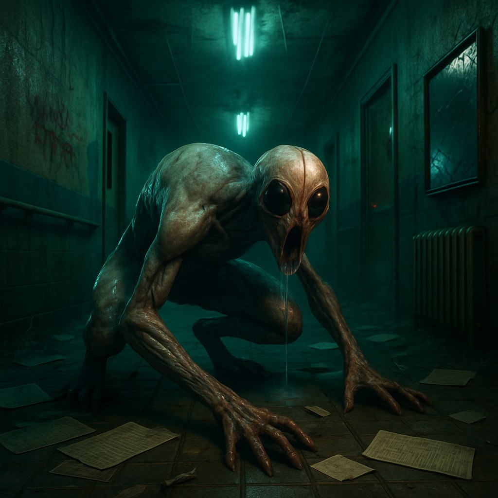یک صحنه سه‌بعدی فوق‌واقع‌گرایانه (Hyper-Realistic 3D) با حس ترس عمیق و روانی، ترکیب‌بندی شده در یک محیط آشنا ولی تحریف‌شده. فضای یک بیمارستان قدیمی متروکه با نورپردازی سرد و فلوئورسنت که به‌صورت متناوب چشمک می‌زند. دیوارهای رنگ‌ورفته با لکه‌های نامشخص و کف پوشیده از برگه‌های پرونده‌های پزشکی پاره و سرنگ‌های شکسته. در مرکز صحنه، یک موجود هیبریدی انسان‌گونه با پوستی نیمه‌شفاف و رگ‌های سیاه قابل‌مشاهده، به‌صورت غیرطبیعی خم شده و مفاصلش در زوایای ناممکن پیچ‌خورده‌اند. صورت آن ترکیبی از ویژگی‌های انسانی و حشره‌گونه با چشمان کاملاً سیاه و دهانی که به‌صورت عمودی تا وسط گونه باز شده است. سایه‌های دینامیک و نورهای سبز-آبی سمی، عمق وحشت را تشدید می‌کنند. جلوه‌های پارتیکل مانند گردوغبار معلق در هوا، تارهای عنکبوت مرطوب و بخار سردی که از دهان موجود خارج می‌شود، حس حضور فیزیکی را القا می‌کنند. دوربین از زاویه‌ای پایین و به‌صورت مورب کج شده تا حس بی‌ثباتی و سردرگمی ایجاد کند. در پس‌زمینه، آینه‌های شکسته‌ای وجود دارند که انعکاس‌های تحریف‌شده و غیرهمزمان از موجود را نشان می‌دهند. سبک: ترکیبی از بیو هورر (Bio-Horror) و معماری نئو-گوتیک با الهام از کابوس‌های واقع‌گرایانه.

جزئیات تقویت‌کننده اتمسفر:  
- تکسچرها:  
  - پوست مرطوب و پوسته‌پوسته موجود با زیرسازی عروق متورم.  
  - دیوارهای پوشیده از کپک و نوشته‌های نامفهوم با جوهر قرمز.  
  - سطوح خیس و بازتاب‌دهنده نورهای مصنوعی.  

- صداهای نامرئی: *(برای الهام بصری)*  
  - صدای چکیدن آب با اکوی غیرطبیعی.  
  - خش‌خش حرکت مفاصل موجود هنگام چرخش سر.  

- نورپردازی:  
  - منبع نور نامرئی که سایه‌های چندگانه و ناهماهنگ ایجاد می‌کند.  
  - نور قرمز کم‌رنگ در دوردست (مثل چراغ Exit شکسته).  

- عناصر تعاملی:  
  - یکی از برگه‌های پرونده روی زمین جزئیات آزمایش‌های غیراخلاقی را نشان می‌دهد.  
  - ساعت دیواری ایستاده که عقربه‌هایش به‌صورت معکوس می‌چرخند.  

تکنیک‌های پیشنهادی برای خروجی 3D:  
- Subsurface Scattering برای پوست موجود.  
- Volumetric Lighting برای مه سمی.  
- Ray Traced Reflections در آینه‌ها و سطوح خیس.  

تم روان‌شناختی:  
وحشت از تحریف واقعیت با استفاده از:  
- تغییر مقیاس غیرمنتظره (مثلاً درب‌های بلندتر از حد طبیعی).  
- الگوهای تکراری ناهماهنگ (کاشی‌های بیمارستان که به‌صورت فراکتالی بی‌نظم می‌شوند).