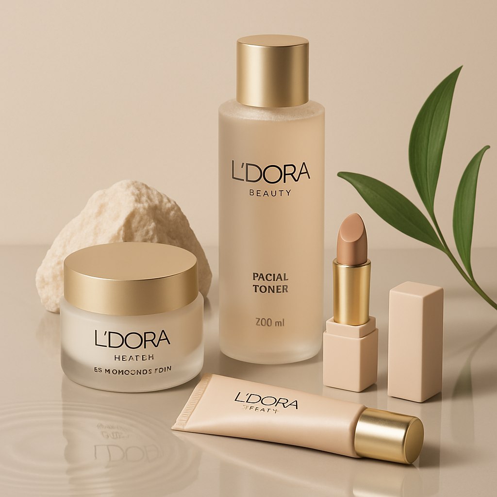 نمایش تصویری مدرن و سطح بالا از محصولات مراقبتی و آرایشی برند L'DORA — چیدمان شیک روی سطح براق با سایه‌های ملایم و نورپردازی استودیویی. پس‌زمینه مینیمال و تمیز با رنگ‌های بژ روشن یا خاکستری ملایم برای ایجاد حس زیبایی بالینی و لوکس. برچسب محصولات باید با نام برند L'DORA به‌وضوح دیده شود. عناصر دکوراتیو اختیاری: بافت‌های طبیعی مثل سنگ، انعکاس آب، برگ‌های سبز یا اشکال انتزاعی مرتبط با زیبایی. تصویر باید حس حرفه‌ای، تازه و مناسب بازاریابی محصولات مراقبتی را منتقل کند.