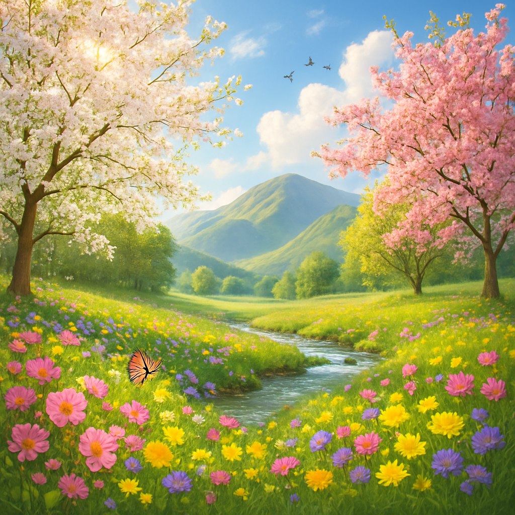منظره‌ای خیره‌کننده از طبیعت بهاری در یک روز آفتابی. دشتی سرسبز با گل‌های وحشی رنگارنگ شامل گل‌های صورتی، زرد و بنفش که در باد ملایم تکان می‌خورند. درختان شکوفه‌دار با شاخه‌هایی که پر از شکوفه‌های سفید و صورتی هستند، کنار یک جویبار کوچک و شفاف که به آرامی جریان دارد. کوه‌های پوشیده از سبزه در پس‌زمینه، با آسمانی آبی و چند ابر سفید پفکی. پرندگانی در حال پرواز در دوردست و یک پروانه زیبا که نزدیک گل‌ها پرواز می‌کند. نور خورشید از میان شاخه‌ها می‌تابد و جلوه‌ای گرم و دلنشین به منظره می‌بخشد. ترکیب کلی سرشار از حس آرامش، طراوت و امید.