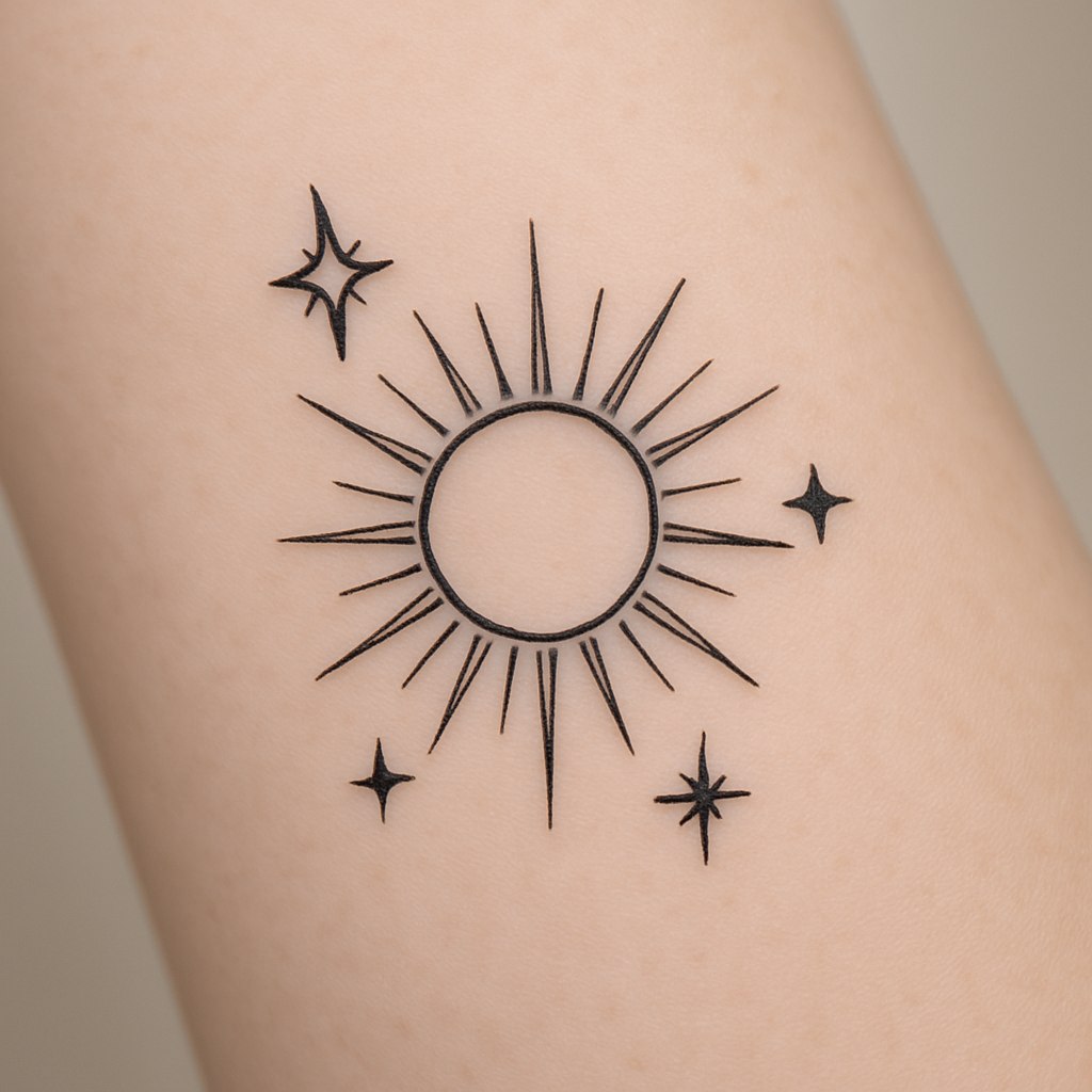 یک تتو کوچک و مدرن با الهام از نمادهای کیهانی ایرانی مثل ستاره یا خورشید. خطوط ساده و سبک مینیمال که روی ساعد دست یا پشت گردن مناسب باشد. طرح می‌تواند شامل یک خورشید با پرتوهای ظریف و چند ستاره کوچک باشد.