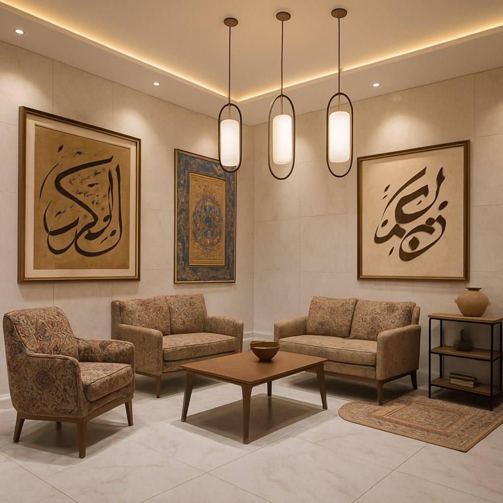 طراحی لابی هتل یا سالن پذیرایی مدرن با کفپوش سنگ مرمر سفید، مبلمان راحت و ساده با پارچه‌های طرح دار ایرانی، تابلوهای بزرگ خوشنویسی یا مینیاتور معاصر روی دیوارها. استفاده از نورپردازی مخفی و آویزهای لوستر با طراحی مینیمال که الهام گرفته از الگوهای ایرانی باشد. فضای لوکس و مدرن با حس فرهنگی غنی.