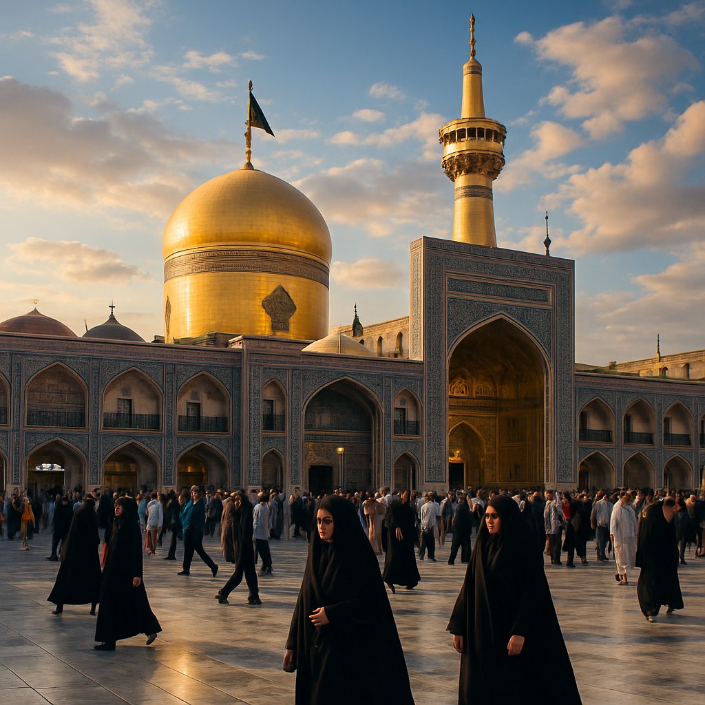 تصویری سه‌بعدی با کیفیت بسیار بالا و واقع‌گرایی فوق‌العاده از حرم مطهر امام رضا (ع) در مشهد، به‌گونه‌ای که شبیه عکسی حرفه‌ای با دوربین DSLR باشد. گنبد طلایی و مناره‌ها در نور طبیعی زیبا می‌درخشند. صحن حرم پر از زائران در حال رفت‌وآمد است، از جمله خانم‌هایی با چادر مشکی که با وقار در حال حرکت‌اند، و فضای روحانی و زنده‌ای را ایجاد کرده‌اند. آسمان پر از ابرهای نرم و زیباست با طیفی از آبی تا طلایی نزدیک افق. کاشی‌کاری‌های اسلامی با جزئیات کامل و نورپردازی متعادل و جذاب دیده می‌شوند. تصویر دارای عمق میدان ملایم، رنگ‌های غنی و حس معنویت، شکوه و احترام است.