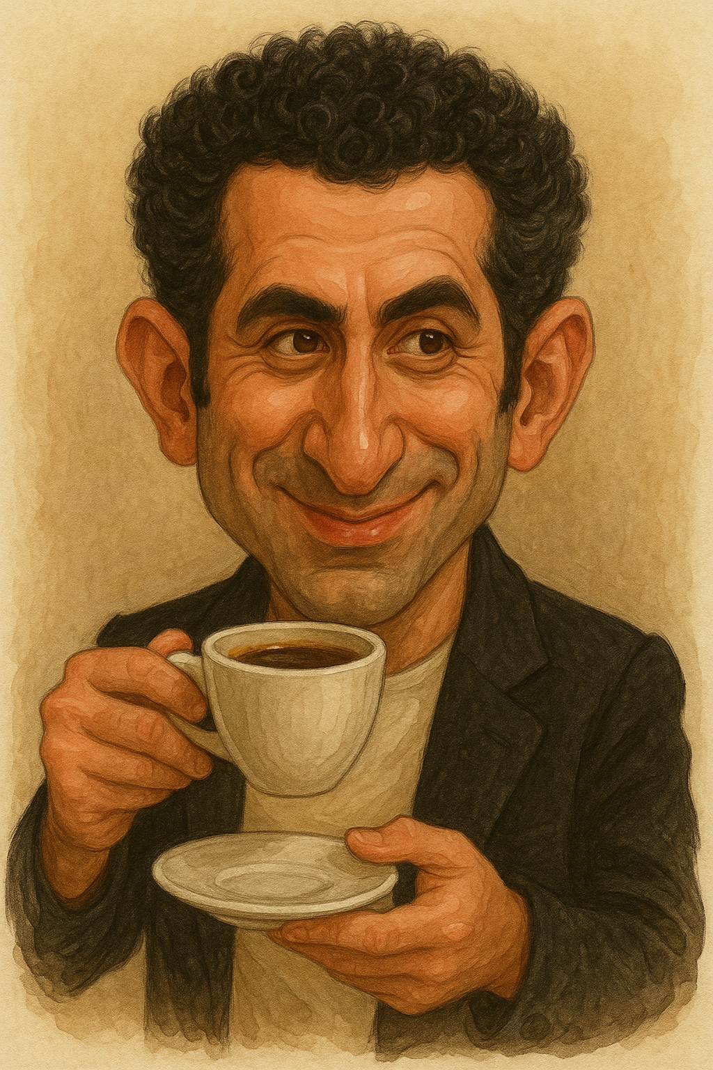 کاریکاتور هوتن شکیبا در حال خوردن قهوه