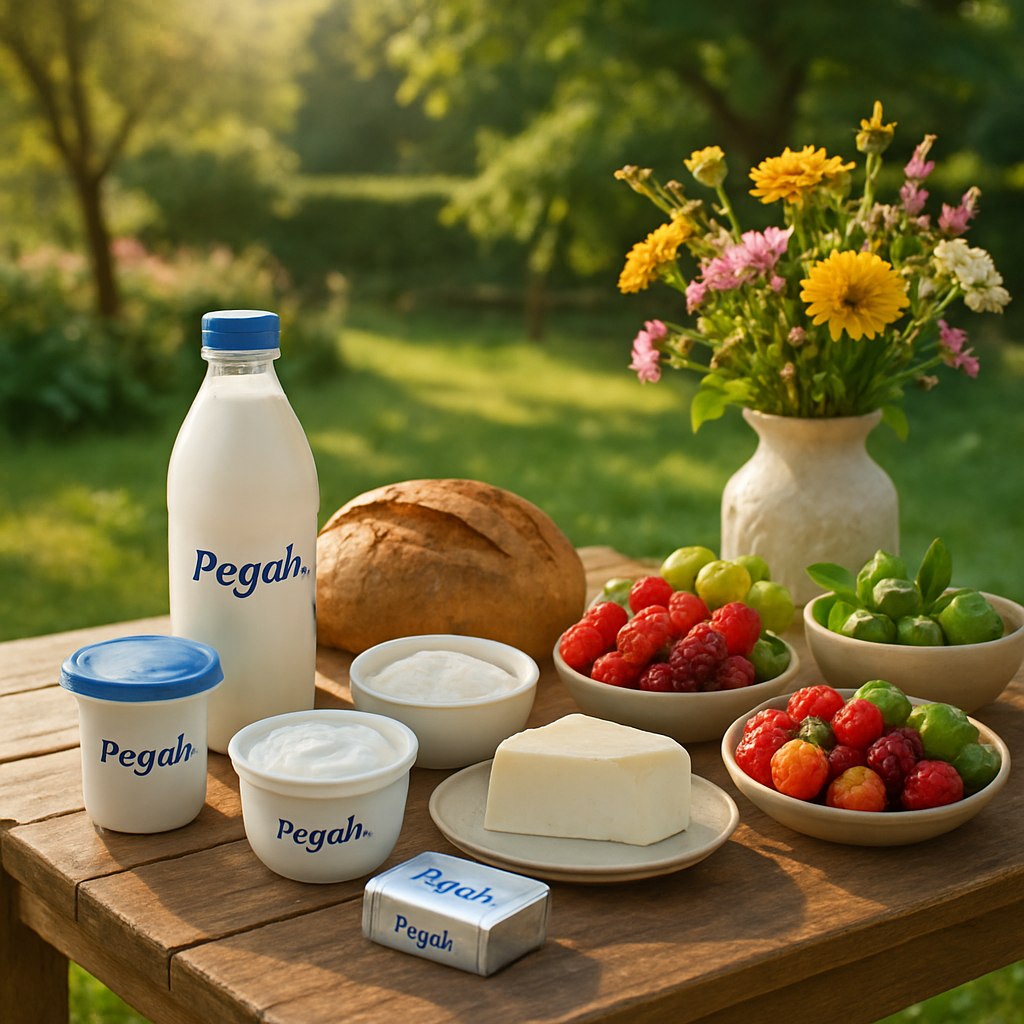 صحنه‌ای زیبا و طبیعی از میز صبحانه در فضای باز، با چیدمانی چشم‌نواز از محصولات لبنی پگاه روی میز چوبی روستایی. محصولاتی مثل شیر، ماست، پنیر، خامه و کره با بسته‌بندی تمیز و خاص پگاه نمایش داده شوند. روی میز نان تازه، میوه‌ها، سبزیجات معطر و گل‌های زیبا چیده شده‌اند، در ظروف سرامیکی یا شیشه‌ای شیک. پس‌زمینه شامل باغی سرسبز یا منظره‌ای طبیعی در فضای روستایی است که با نور گرم و ملایم خورشید صبحگاهی روشن شده. سایه‌های طبیعی، پرتوهای آفتاب و فضایی صمیمی و دلنشین که حس سلامت، تازگی و لذت شروع یک روز خوب با محصولات پگاه را منتقل می‌کند.