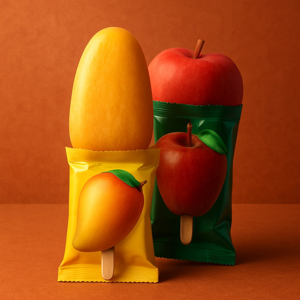 یک بستنی سه‌بعدی از برند میهن با طرح جلد انبه به صورت سه‌بعدی روی بسته‌بندی، کیفیت عکس بسیار بالا و واقعی، رنگ‌های زنده و طبیعی، نورپردازی حرفه‌ای مانند عکس عکاسی شده. پس‌زمینه جذاب، متفاوت و خلاقانه اما واقع‌گرایانه که تمرکز روی بستنی باشد، بدون هیچ نوشته یا لوگو روی تصویر. کنار این بستنی، یک بستنی سه‌بعدی دیگر با همان کیفیت و مشخصات، با طرح سه‌بعدی سیب روی جلد آن، قرار گرفته باشد، به گونه‌ای که بستنی سیب پشت بستنی انبه قرار گرفته و هر دو با هم در کادر دیده شوند.