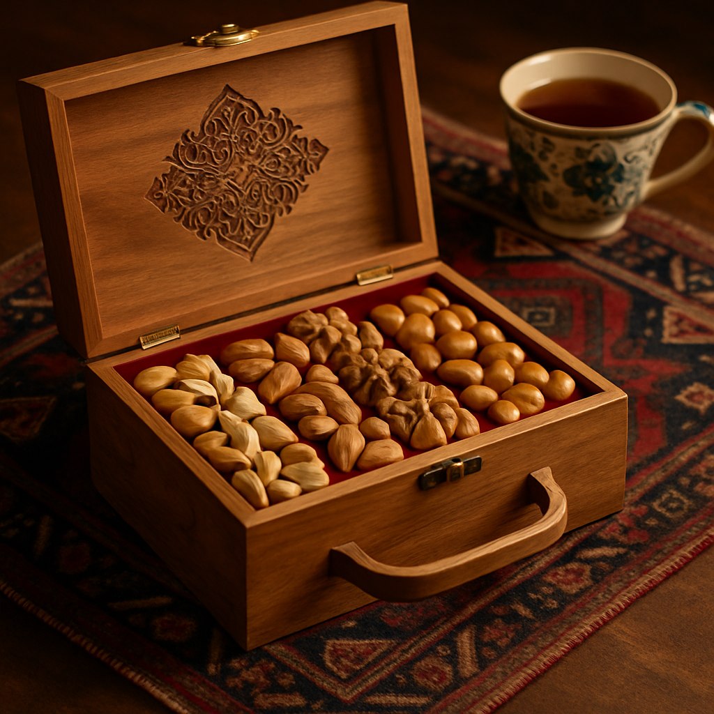 یک جعبه آجیل چوبی لوکس و مدرن با طراحی ایرانی، پر از انواع آجیل خوش‌رنگ و خوش‌عطر مانند پسته، بادام، گردو، فندق و تخمه. جعبه از چوب طبیعی با رگه‌های زیبا ساخته شده و دارای نقوش منبت‌کاری ظریف با الهام از هنر اصفهانی یا تذهیب است. داخل جعبه با پارچه مخمل یا ساتن به رنگ‌های گرم (مثل زرشکی، طلایی یا فیروزه‌ای) پوشیده شده و آجیل‌ها به‌صورت چیدمانی جذاب و اشتهابرانگیز قرار گرفته‌اند. در طراحی جعبه از عناصر مدرن مانند قفل مغناطیسی، دسته چوبی ظریف و قابلیت چیدمان چندطبقه استفاده شده است. نورپردازی گرم و نرم، بافت چوب و آجیل‌ها را برجسته کرده و فضایی سنتی-مدرن را ایجاد می‌کند. در پس‌زمینه، المان‌های ایرانی مانند یک فنجان چای دسته‌دار یا گلیم ظریف به چشم می‌خورد.