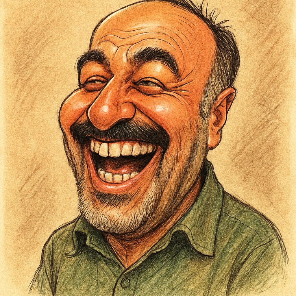 تولید تصویر کاریکاتور رضا عطاران بازیگر معروف ایرانی در حالیکه در حال خنده است