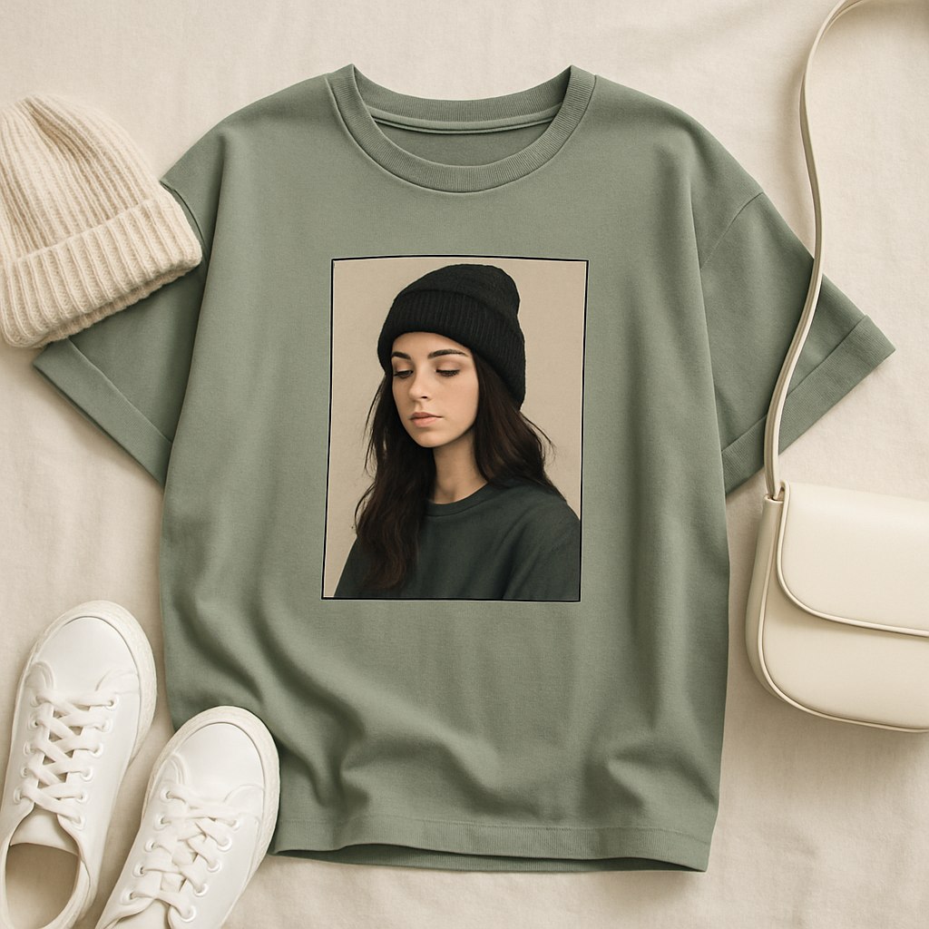 یک تیشرت لش دخترانه با طراحی مدرن و مورد پسند دختران جوان. تیشرت از جنس پارچه‌ای نرم و سبک، با رنگ‌های ترند و خنثی مانند بژ، سبز نعنایی یا سفید با جزئیات مشکی است. چاپ روی تیشرت شامل یک طرح هنری جذاب مانند خط نوشته مدرن، طرح مینیمال از گل‌های ترند، یا یک کاراکتر محبوب با سبک نقاشی دیجیتال است.

یقه گرد با برشی ساده، سرشانه‌های افتاده و قد کمی بلندتر از معمول طراحی شده تا استایل راحت و آزاد را برجسته کند. در پس‌زمینه عکس، نور ملایم طبیعی و چندین اکسسوری مانند کلاه بافتنی، کفش‌های اسپرت سفید، یا کیف مینیمال قرار دارند که حس مدرن و جوان‌پسند بودن را تقویت می‌کنند.