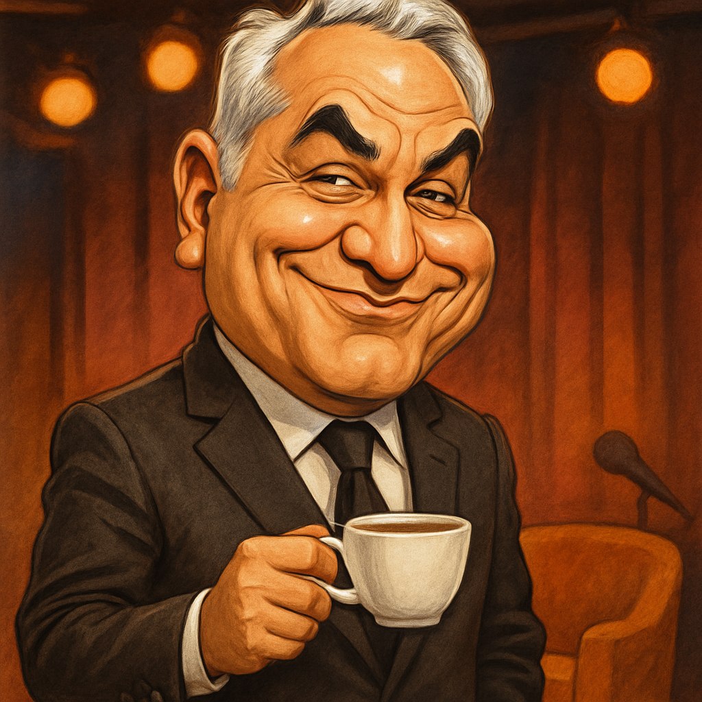 > یک کاریکاتور شاد و بامزه از مهران مدیری طراحی کن. او را با چهره‌ای آرام و لبخندی پر از طنز و کنایه نشان بده. موهای کوتاه و مرتبش کمی اغراق‌آمیز و جذاب‌تر به تصویر کشیده شود. او در حال پوشیدن یک کت شیک و رسمی باشد، اما در دستش یک فنجان چای یا قهوه باشد که به سبک همیشگی‌اش در برنامه‌های گفتگو اشاره کند. فضای اطراف شامل یک صحنه استودیوی تلویزیونی با نورپردازی گرم و یک صندلی راحتی باشد. سبک کاریکاتور باید طنزآمیز، شیک و هوشمندانه باشد.