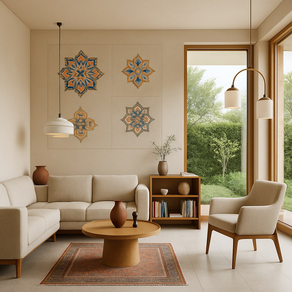 طراحی داخلی خانه‌ای مدرن با الهام از سبک ایرانی: فضایی باز و روشن با ترکیبی از رنگ‌های گرم و خنثی، شامل دیوارهایی با طرح‌های الهام گرفته از کاشی‌های سنتی ایرانی به صورت مینیمال و مدرن، مبلمان راحت با خطوط تمیز و طراحی ارگونومیک، فرش دستباف ایرانی در اندازه‌ای کوچک با رنگ‌های ملایم، و چراغ‌هایی با طراحی خلاقانه و نورپردازی نرم. پنجره‌های بزرگ برای ورود نور طبیعی و چشم‌اندازی از یک باغ کوچک ایرانی. عناصر دکوراتیو مثل گلدان‌های سفالی، کتاب‌های هنر و مجسمه‌های کوچک ایرانی به زیبایی در فضا قرار گرفته‌اند.