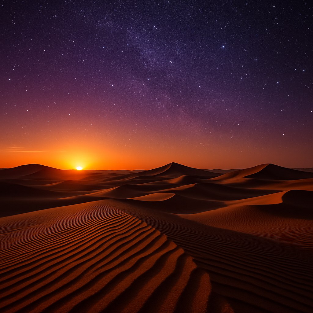 کویر لوت در غروب خورشید، تپه‌های ماسه‌ای موج‌دار با سایه‌های طولانی، آسمانی پرستاره و رنگ‌های گرم نارنجی و بنفش که فضای اسرارآمیز و بی‌کران کویر را نشان می‌دهد.