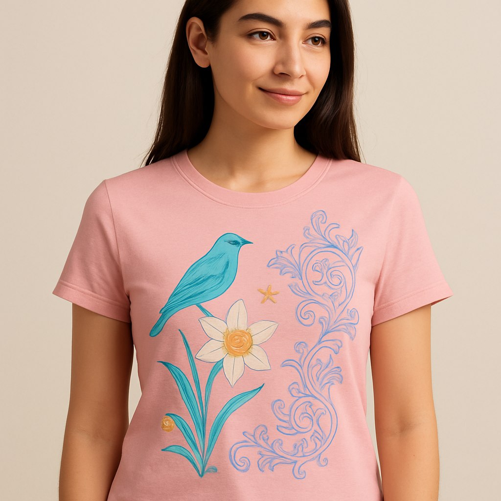 یک تیشرت دخترانه با طراحی متفاوت و شیک که برای دختران جوان ایرانی جذاب باشد. استفاده از رنگ‌های ملایم و زیبا مانند صورتی گلبهی، آبی فیروزه‌ای، و یاسی به همراه طرح‌هایی مدرن و مینیمال با الهام از نقوش اسلیمی و طبیعت ایران، مانند گل‌های نرگس یا پرندگان ایرانی. یقه گرد و آستین کوتاه با حاشیه‌های ظریف و دوخت تمیز. ترکیب پارچه نرم و راحت با چاپ‌های دیجیتالی با کیفیت بالا. حس کلی این تیشرت، انرژی جوانی، زیبایی و استایل مدرن را القا می‌کند.