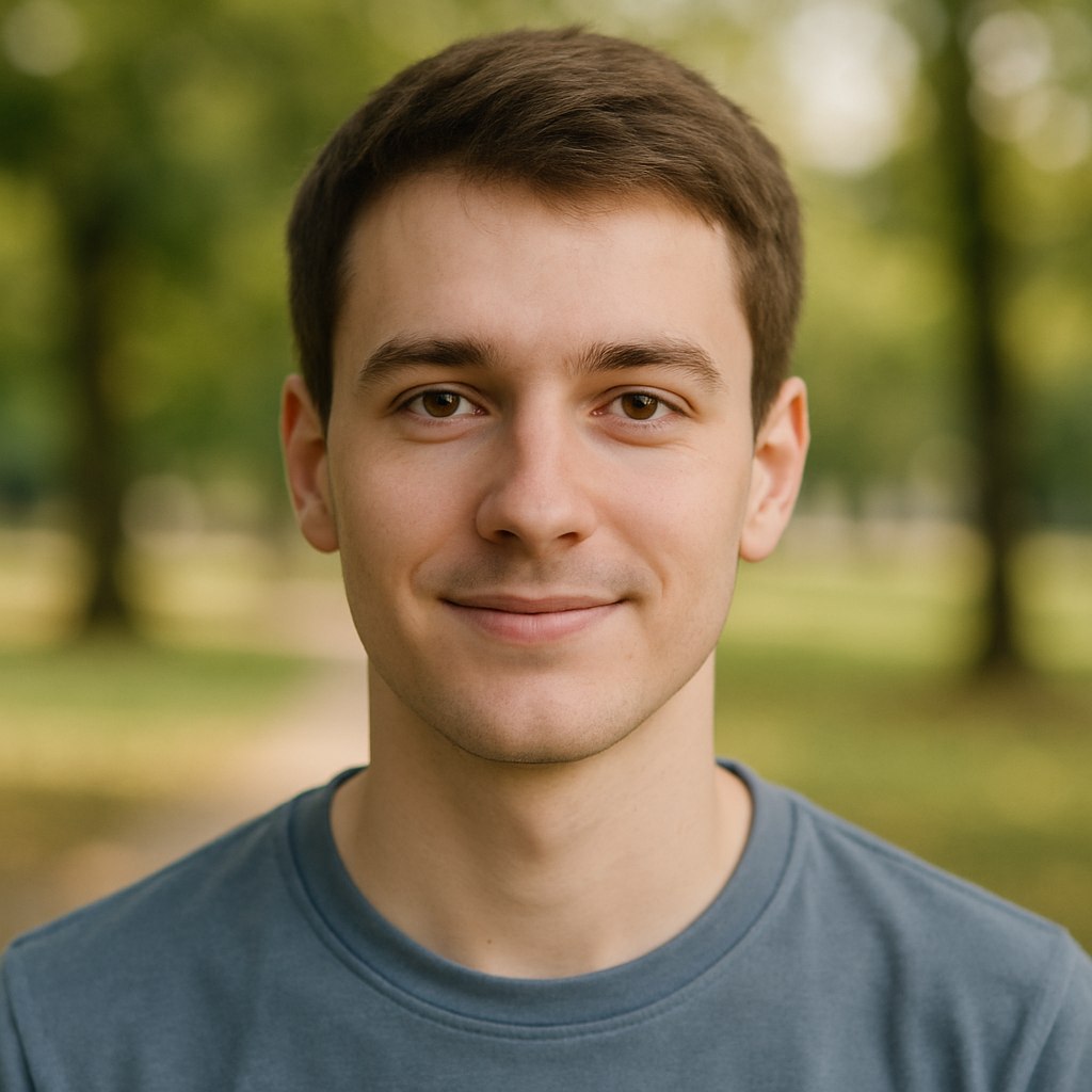 یک عکس پروفایل پسرانه طبیعی، با پس‌زمینه محو و طبیعی، پسر جوان با موی قهوه‌ای کوتاه و مرتب، چهره دوستانه و لبخند ملایم، پوست روشن، چشم‌های قهوه‌ای روشن، در حال نگاه مستقیم به دوربین. لباس ساده و روزمره با تی‌شرت سفید یا آبی. نور طبیعی روز و محیطی شبیه به یک پارک یا فضای باز. عکس با کیفیت بالا و سبک حرفه‌ای.