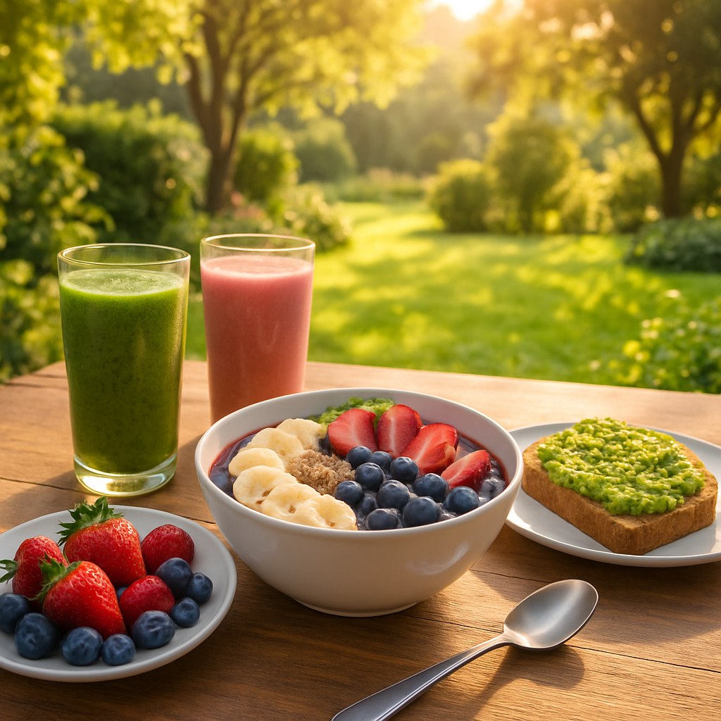 یک میز صبحانه شیک و سالم در فضای باز، شامل اسموتی‌های رنگارنگ، کاسه آکای با میوه‌های تازه، و نان تست آووکادو. پس‌زمینه شامل منظره‌ای از باغ سرسبز با نور طلایی صبحگاهی باشد. هدف، انتقال حس زندگی سالم و شاد است.